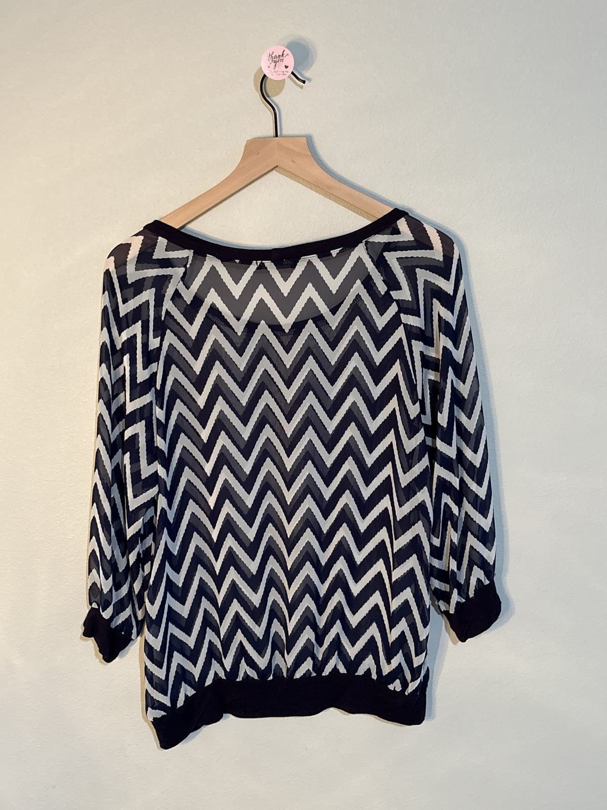 West Kei Black White Zig Zag Chevron Print 3/4 Sleeve Tunic Top L - Thumbnail 2