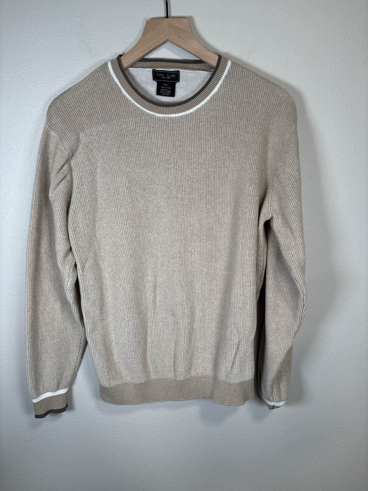 Park Slope NY Mens L Beige Rib Knit Cotton Crew Neck Sweater