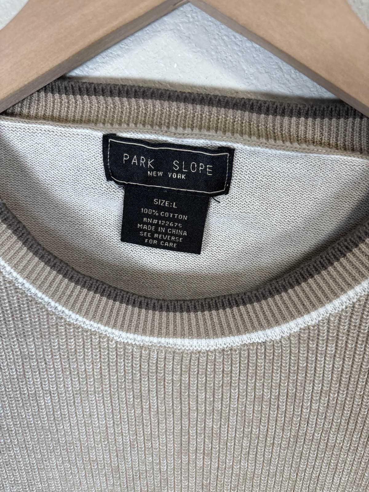 Park Slope NY Mens L Beige Rib Knit Cotton Crew Neck Sweater - Thumbnail 2