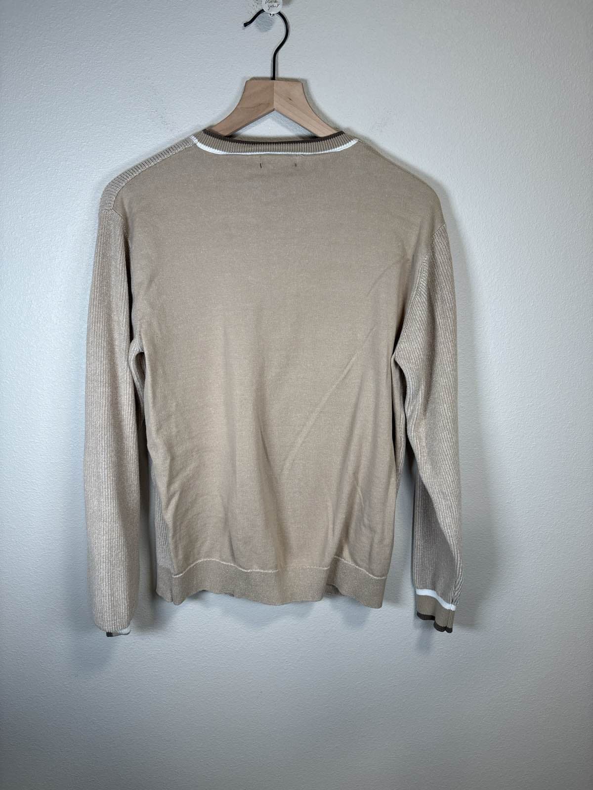 Park Slope NY Mens L Beige Rib Knit Cotton Crew Neck Sweater - Thumbnail 3