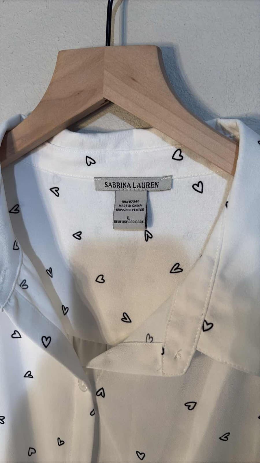 Sabrina Lauren Blouse Women's Large White Black Heart Print Long Sleeve - Thumbnail 2