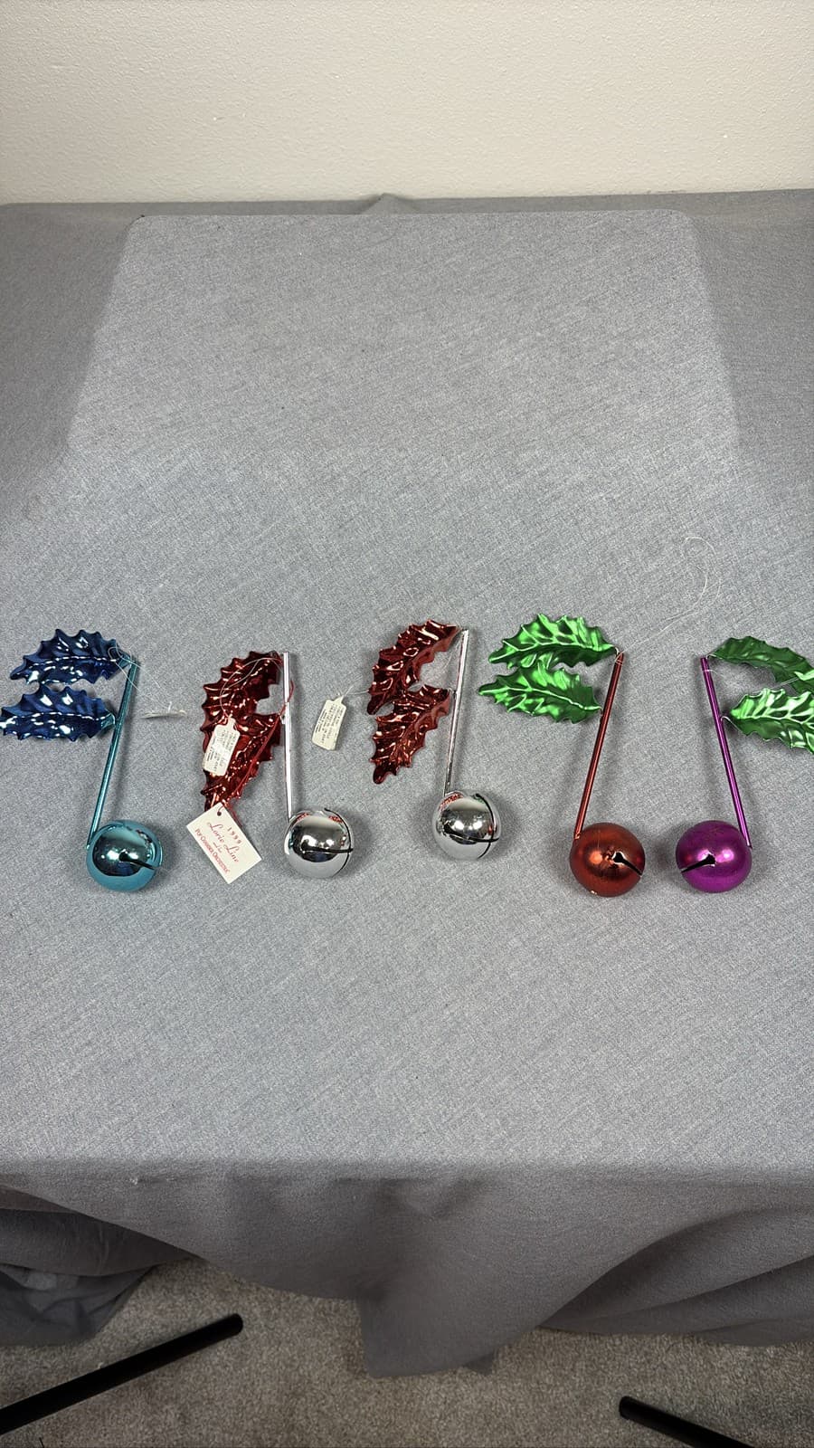 Lot of 5 Metal Jingle Bell Holly Leaf Music Note Christmas Ornaments