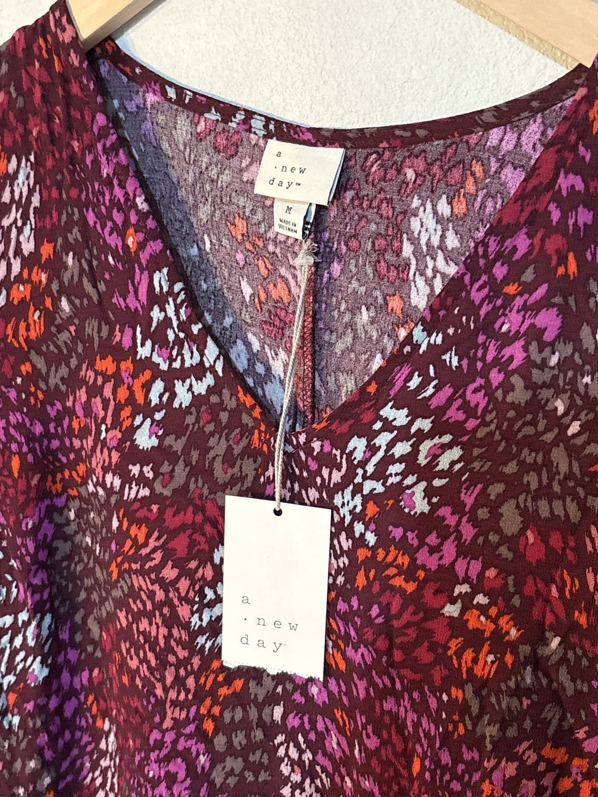 A New Day Dress M Purple Floral V-Neck Short Sleeve Ruffle Hem Shift Midi - Thumbnail 2