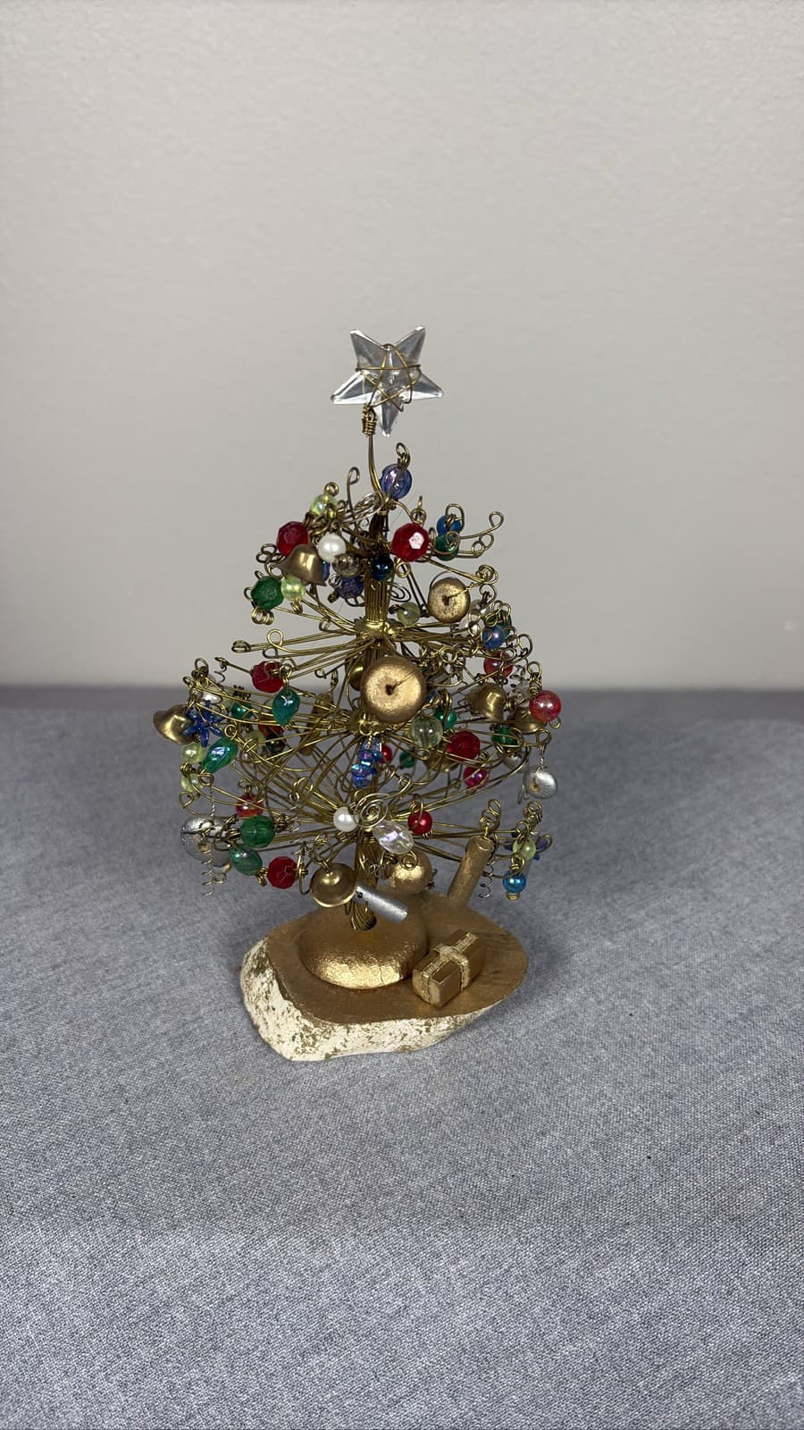 Handmade Brass Wire Beaded Mini Christmas Tree Star Topper Wood Base