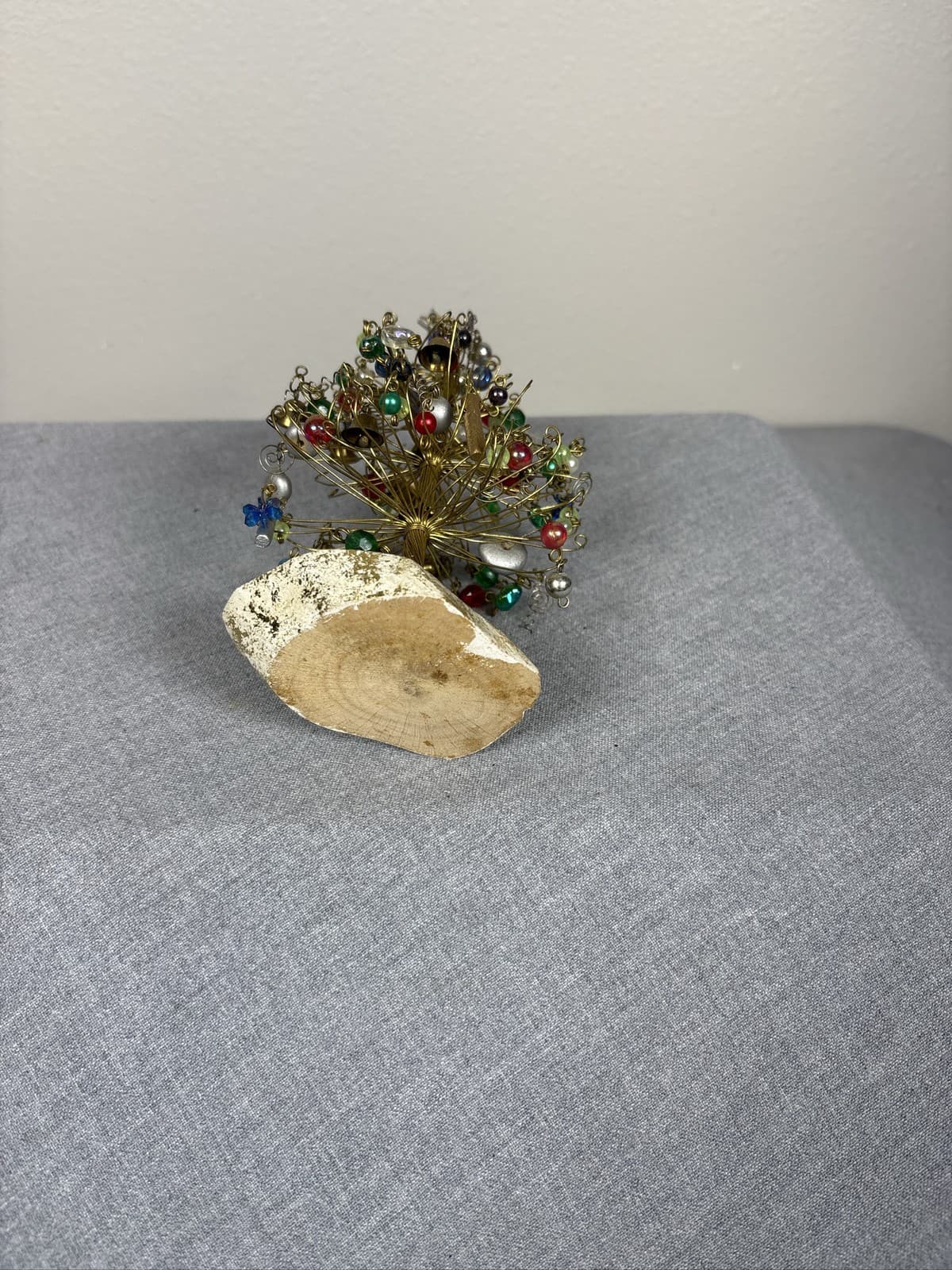 Handmade Brass Wire Beaded Mini Christmas Tree Star Topper Wood Base - Thumbnail 3