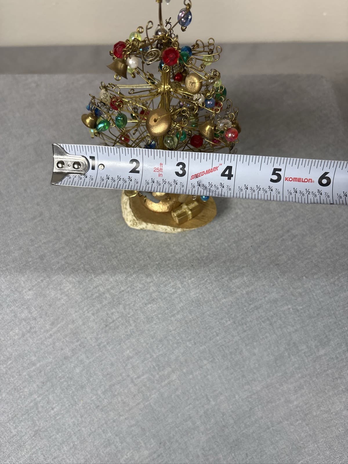 Handmade Brass Wire Beaded Mini Christmas Tree Star Topper Wood Base - Thumbnail 5