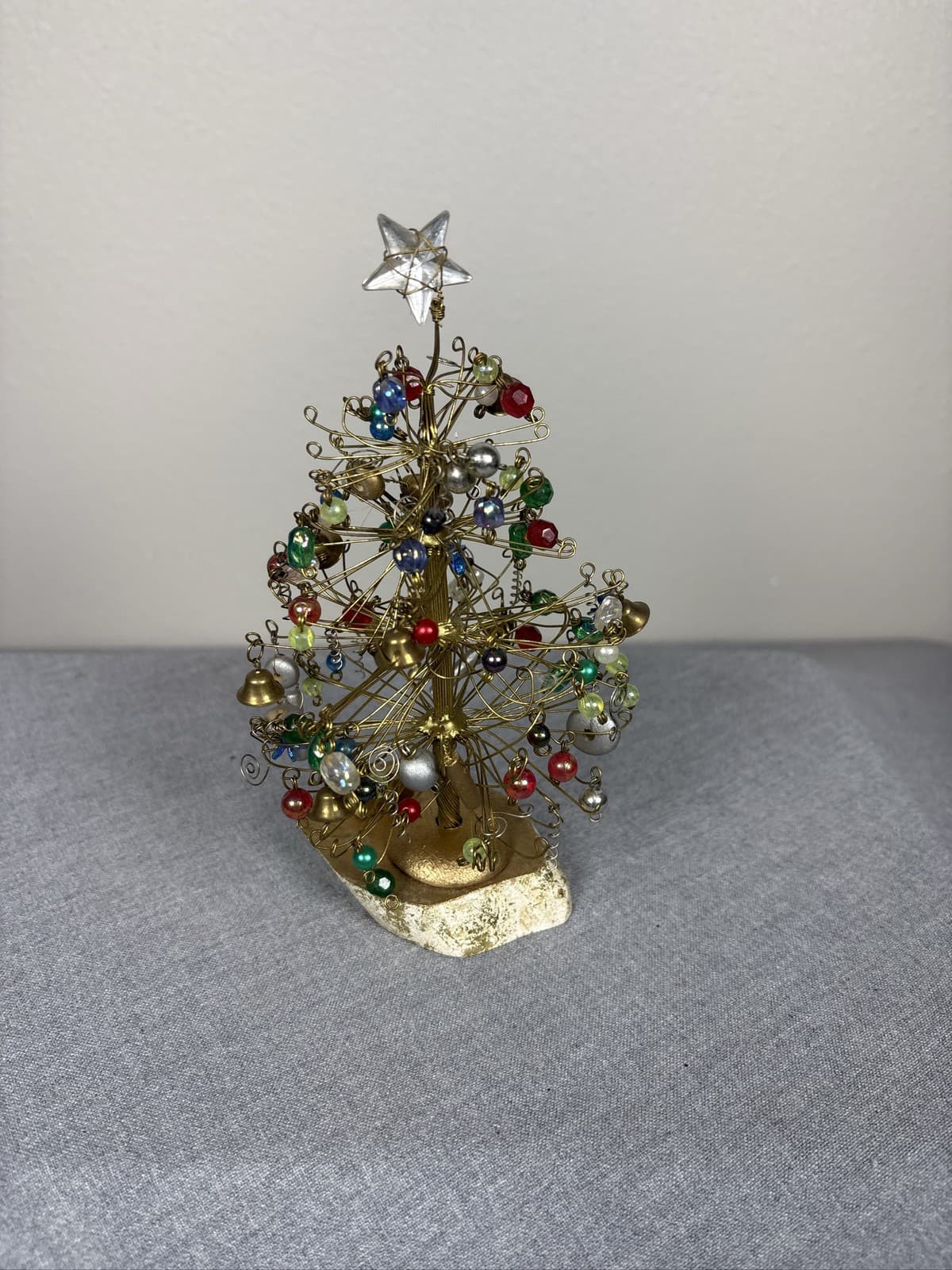 Handmade Brass Wire Beaded Mini Christmas Tree Star Topper Wood Base - Thumbnail 2