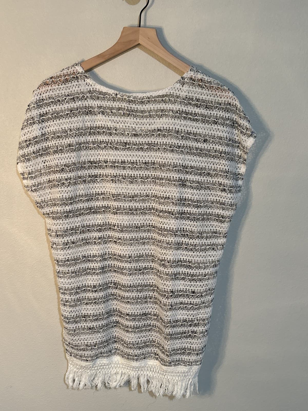 Monereno Open Knit Linen Blend Striped Tank Top Fringed Hem M - Thumbnail 4