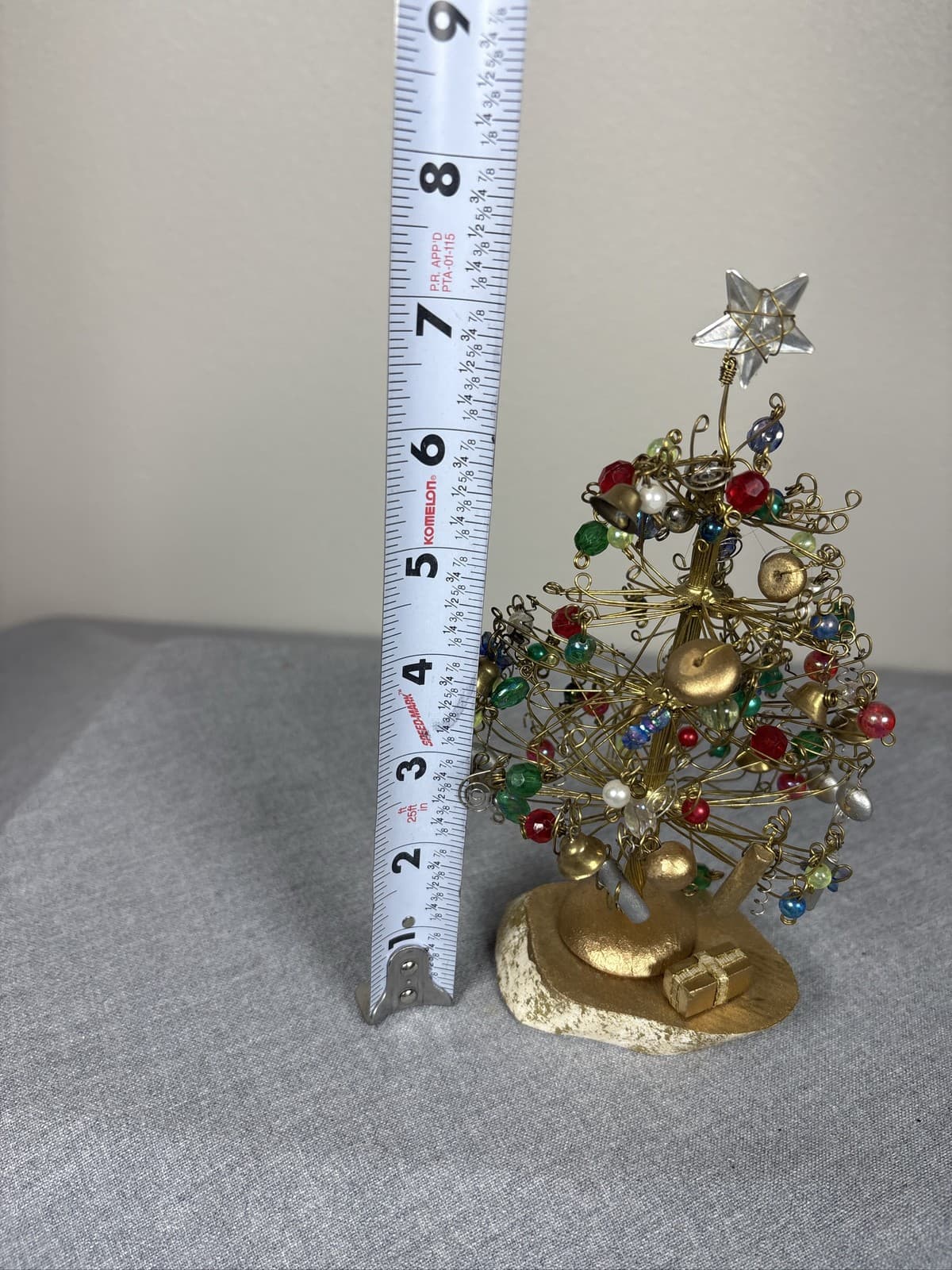 Handmade Brass Wire Beaded Mini Christmas Tree Star Topper Wood Base - Thumbnail 4