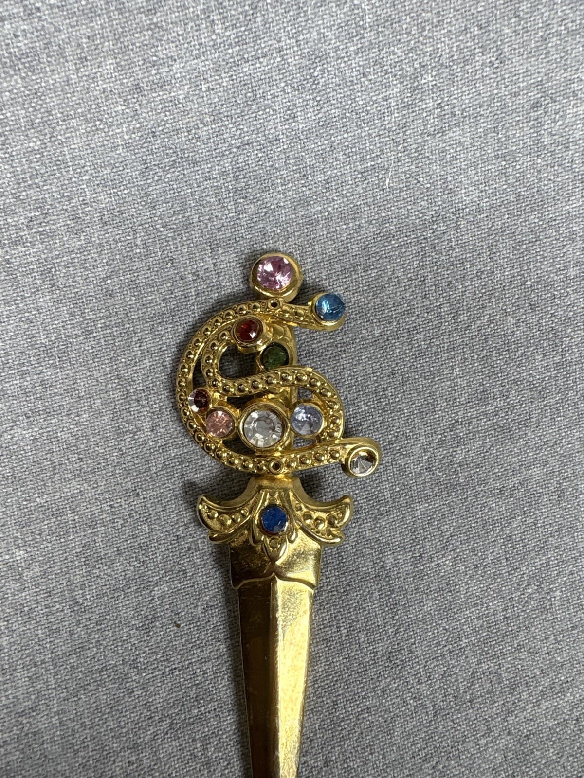 Gold Tone Sword Dagger Brooch Rhinestone Coiled Snake Serpent Pin - Thumbnail 3