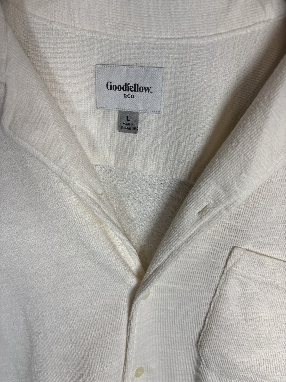 Goodfellow & Co Men's Knit Camp Shirt Short Sleeve Cream Button Up L - Thumbnail 2
