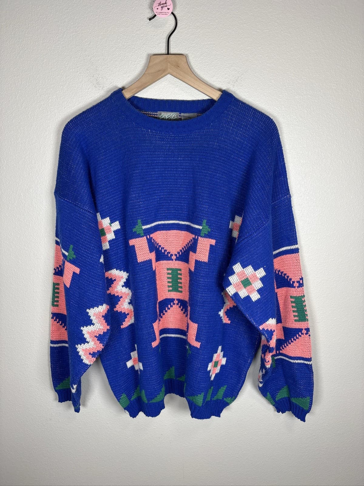 Vintage 80’s B. E-Z Men XL Blue Acrylic Knit Crewneck Sweater Pattern