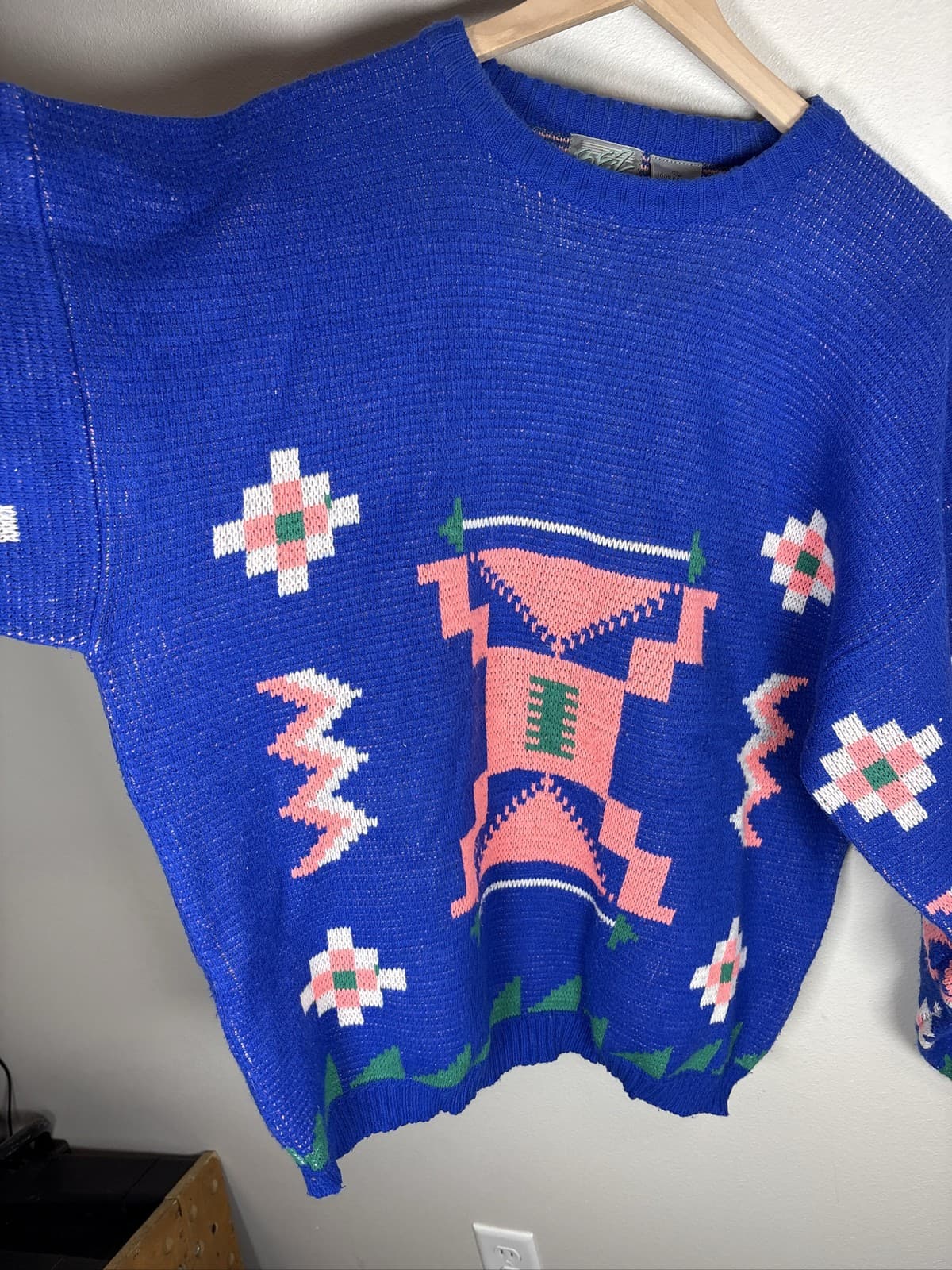 Vintage 80’s B. E-Z Men XL Blue Acrylic Knit Crewneck Sweater Pattern - Thumbnail 2