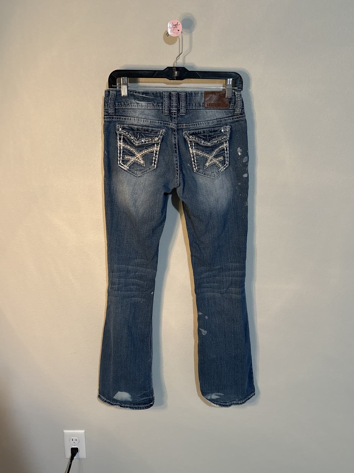 Amethyst Womens Distressed Bootcut Jeans Blue Paint Splatter Size 7 - Thumbnail 5