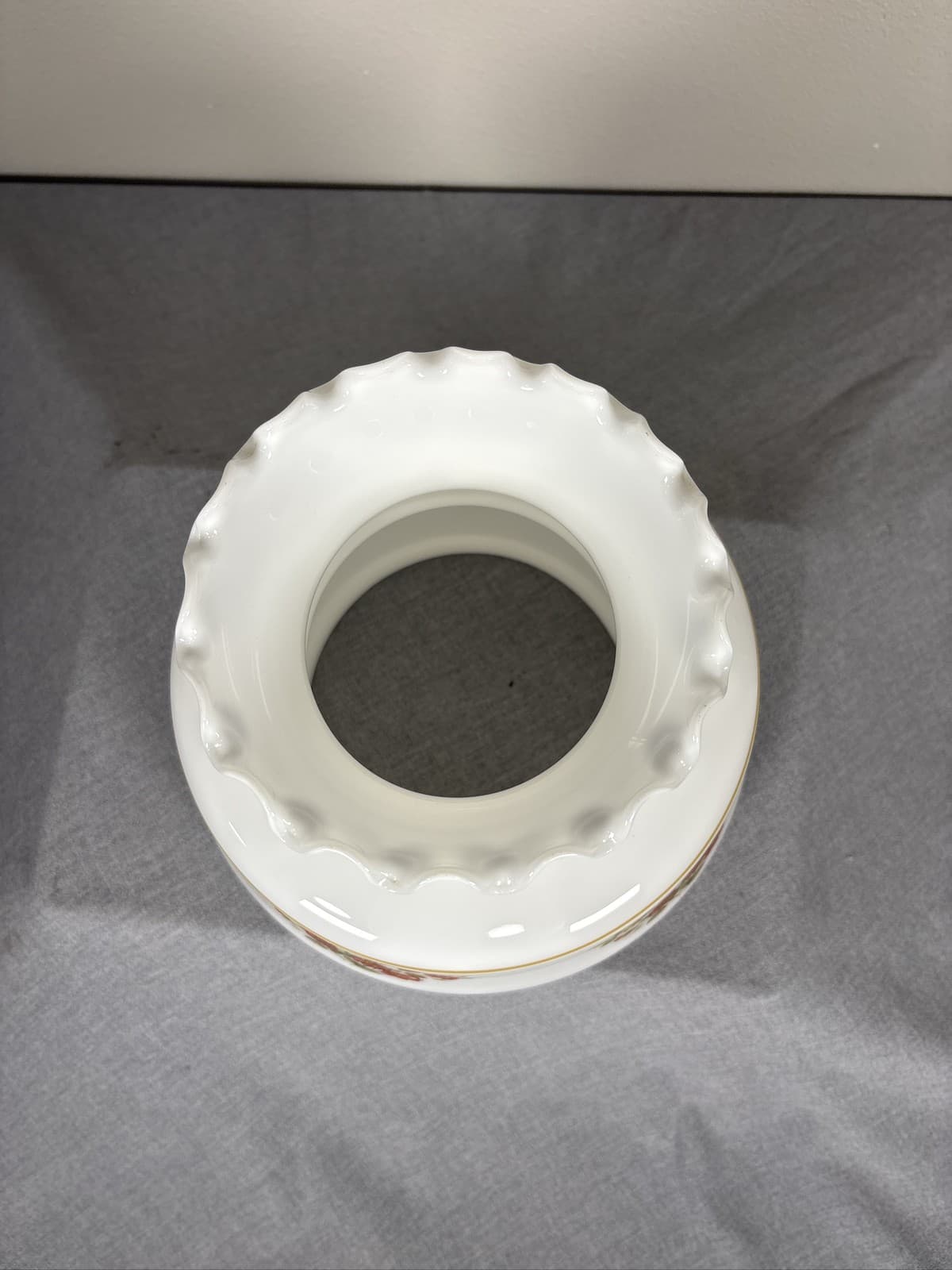 Milk Glass Hurricane Lamp Shade Gold Trim Floral Ruffled Rim Globe - Thumbnail 3