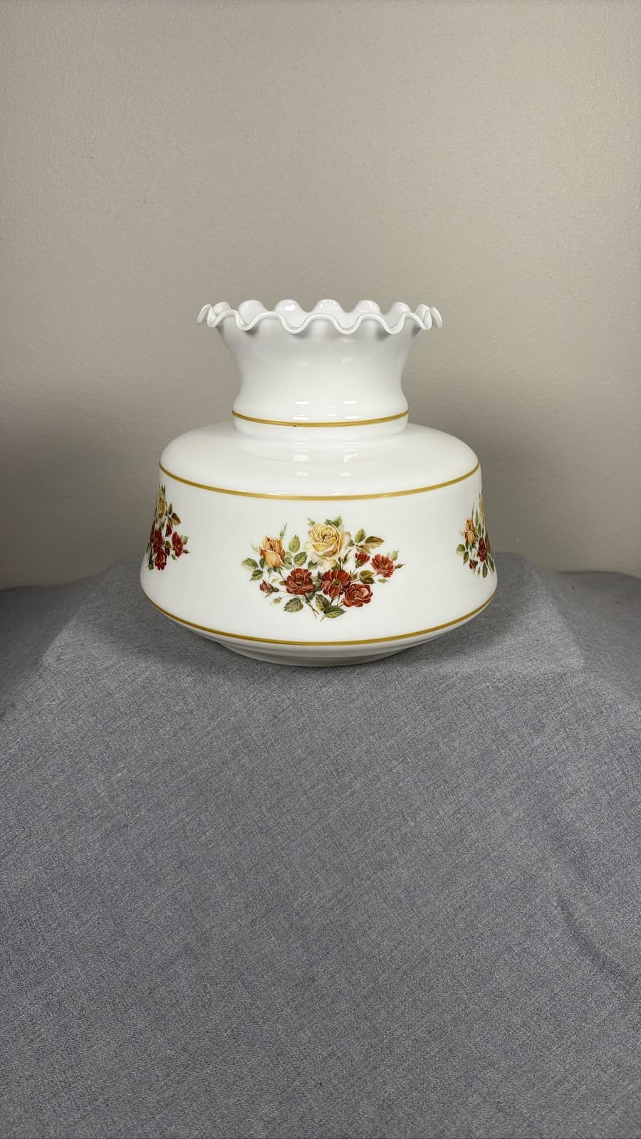 Milk Glass Hurricane Lamp Shade Gold Trim Floral Ruffled Rim Globe