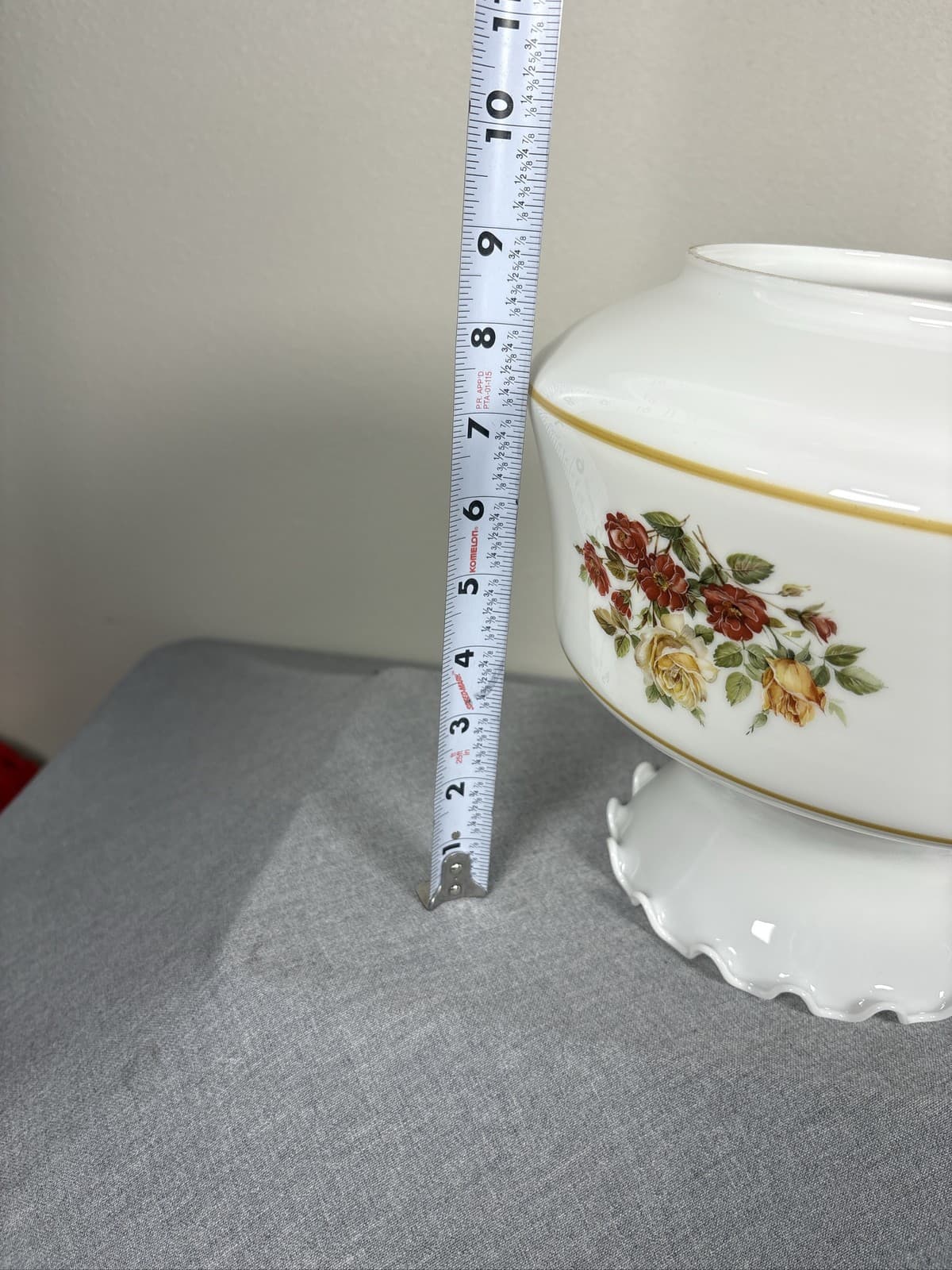 Milk Glass Hurricane Lamp Shade Gold Trim Floral Ruffled Rim Globe - Thumbnail 4