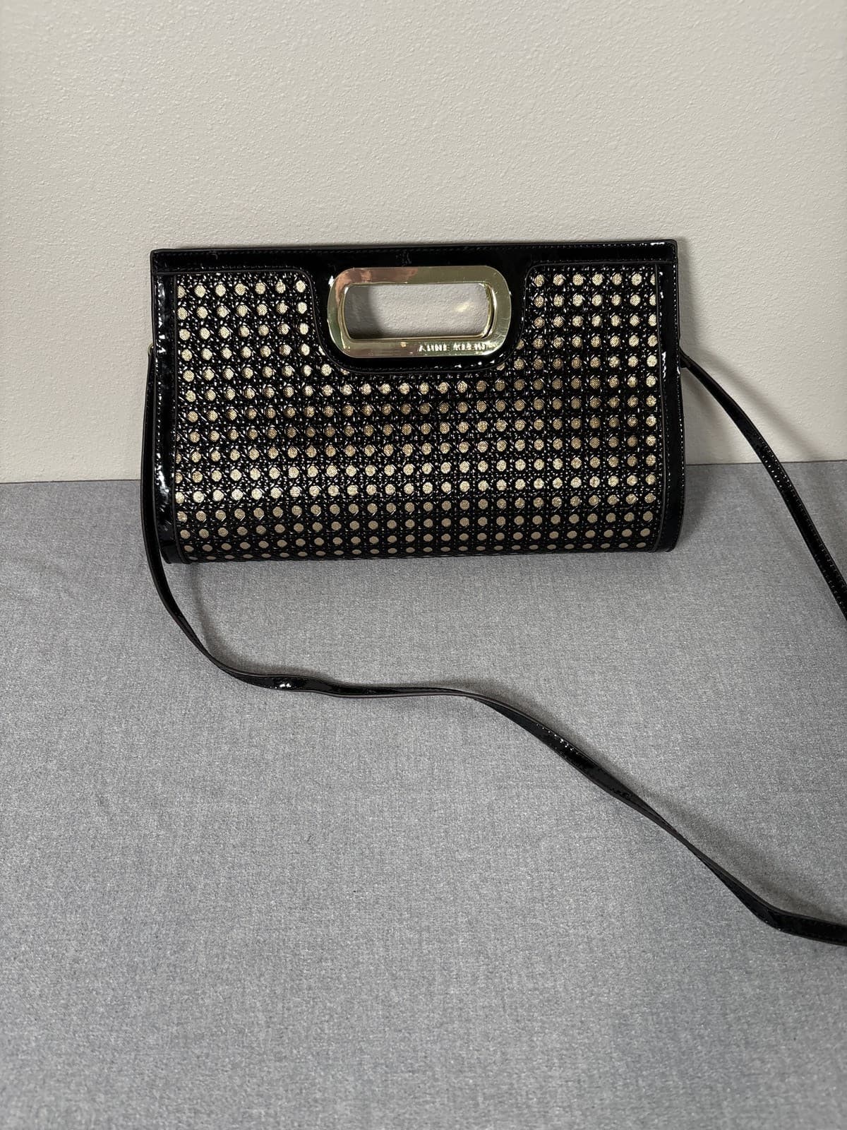 Anne Klein Black Gold Woven Cane Handle Clutch Shoulder Bag Handbag Purse - Thumbnail 2