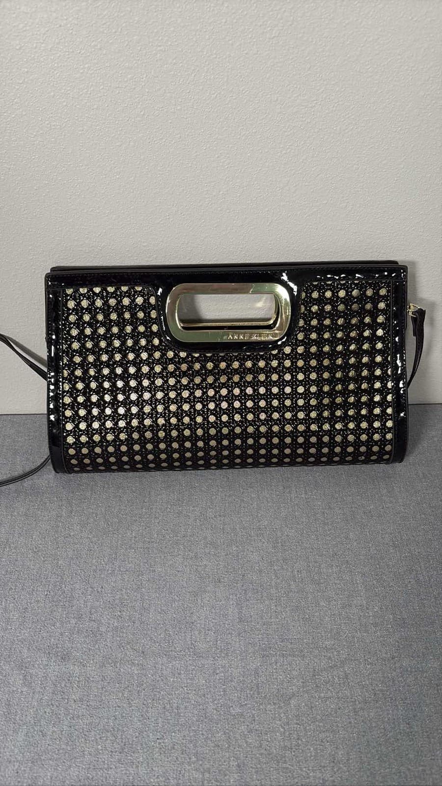 Anne Klein Black Gold Woven Cane Handle Clutch Shoulder Bag Handbag Purse