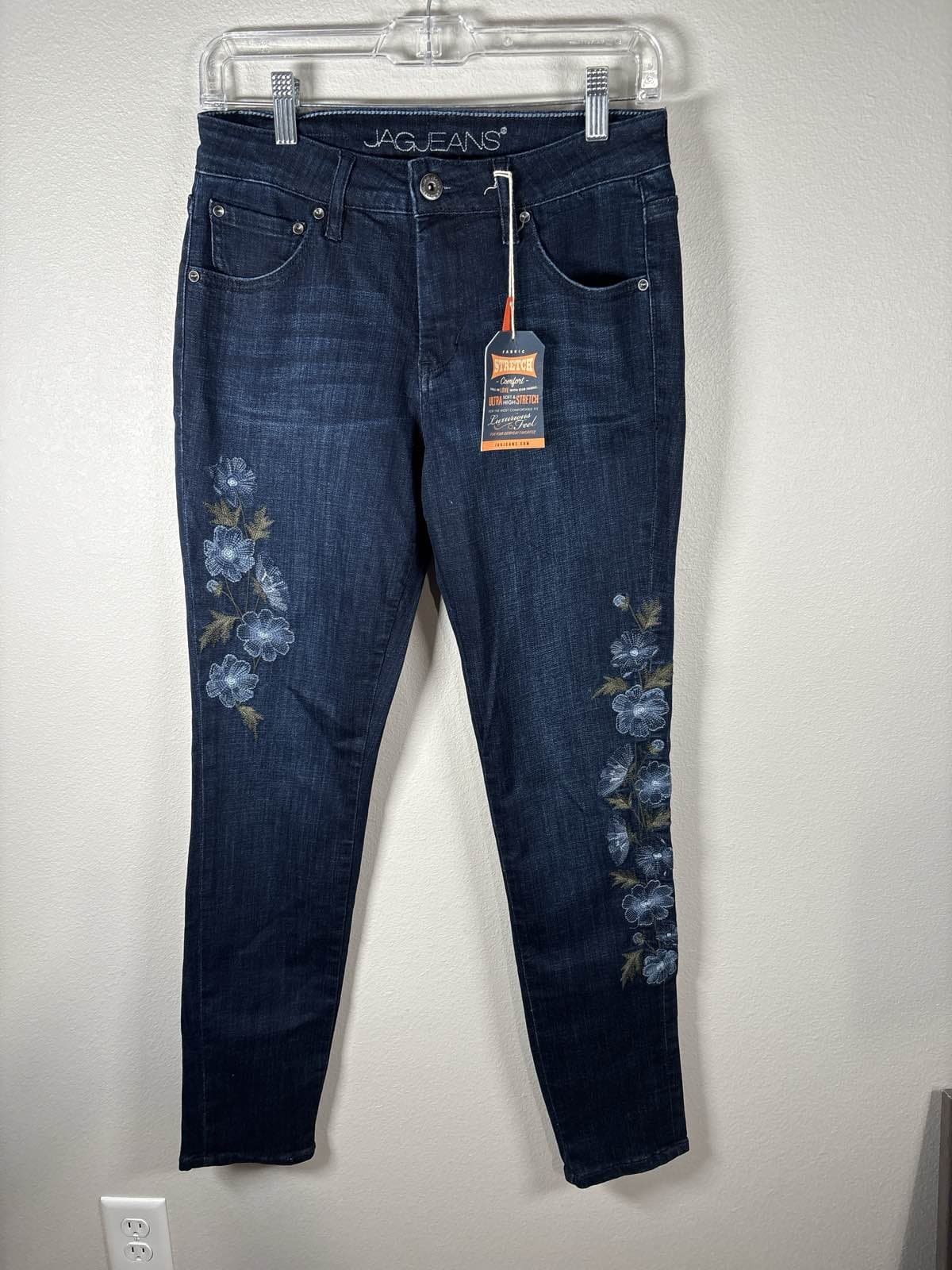 JAG Sheridan Skinny Mid Rise Jeans Women's 6/28 Dark Blue Denim Floral Stiching