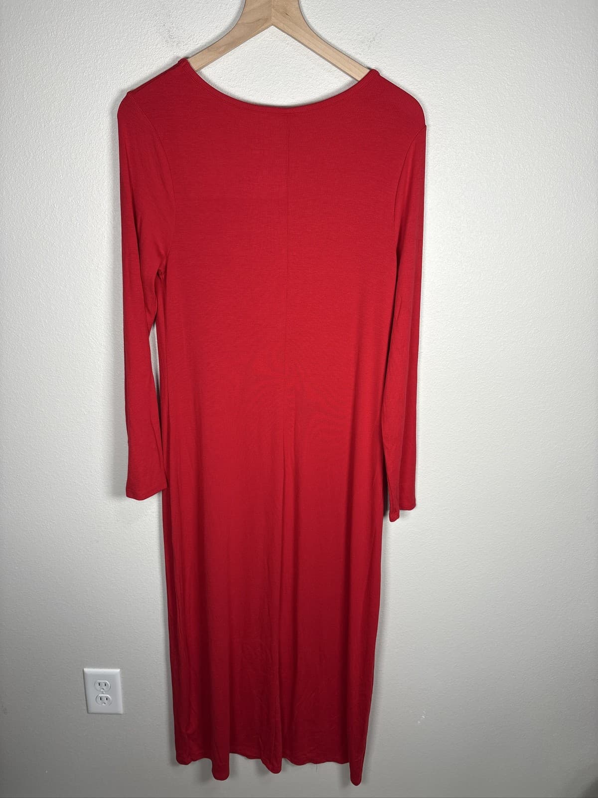 A New Day Women Red Long Sleeve Knit Midi Dress Round Neck Body Forming Medium - Thumbnail 3