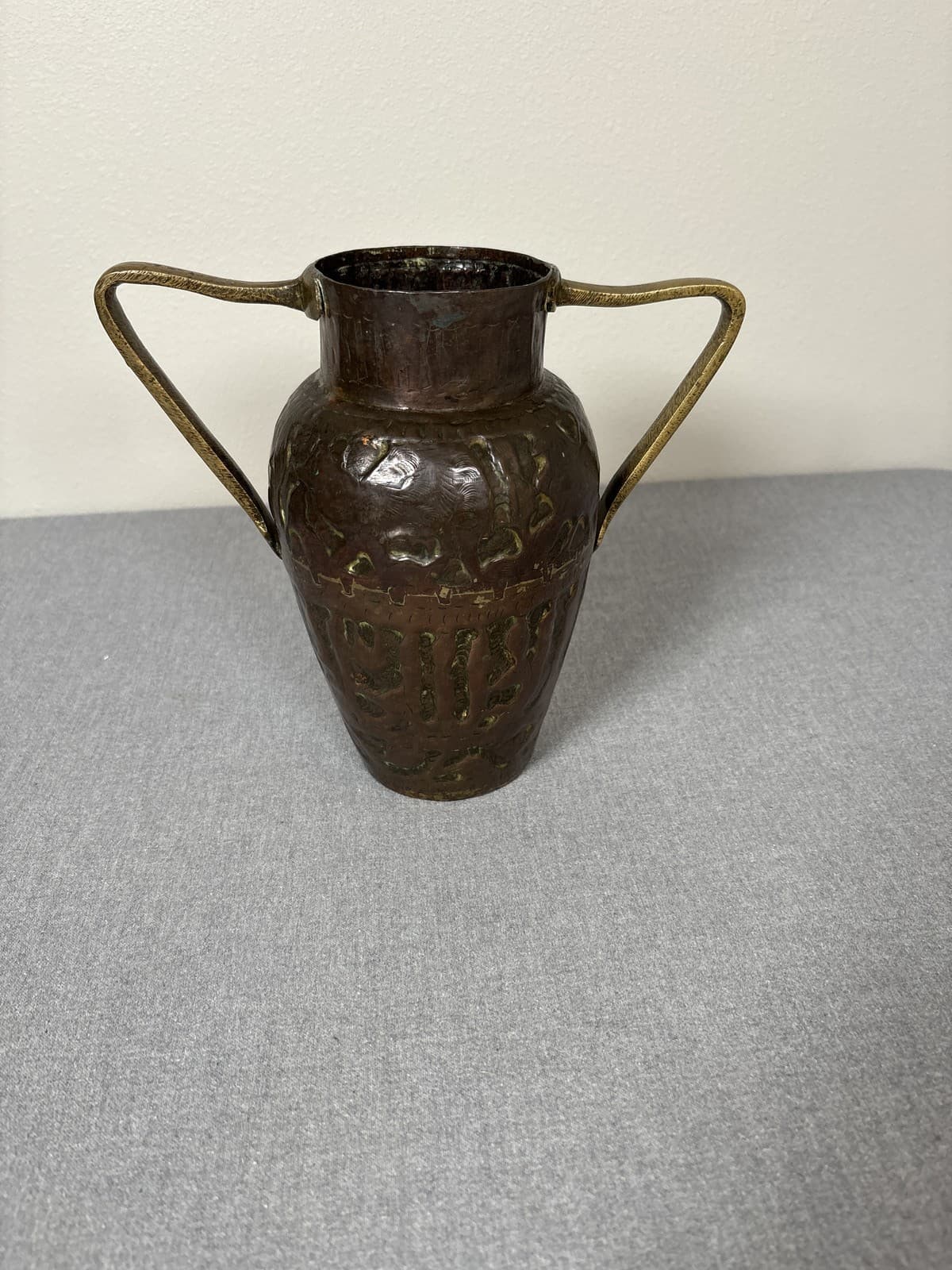 Vintage Hammered Copper Double Handle Vase Urn Patina 6.5" - Thumbnail 2