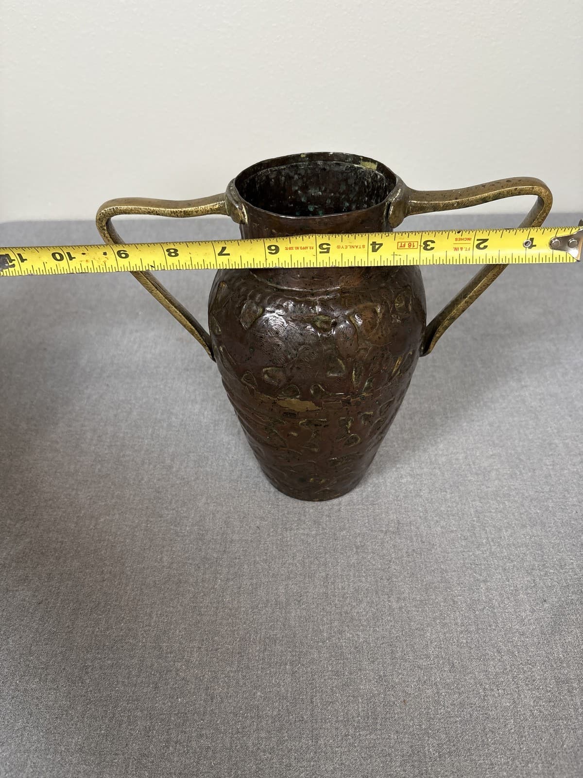 Vintage Hammered Copper Double Handle Vase Urn Patina 6.5" - Thumbnail 6