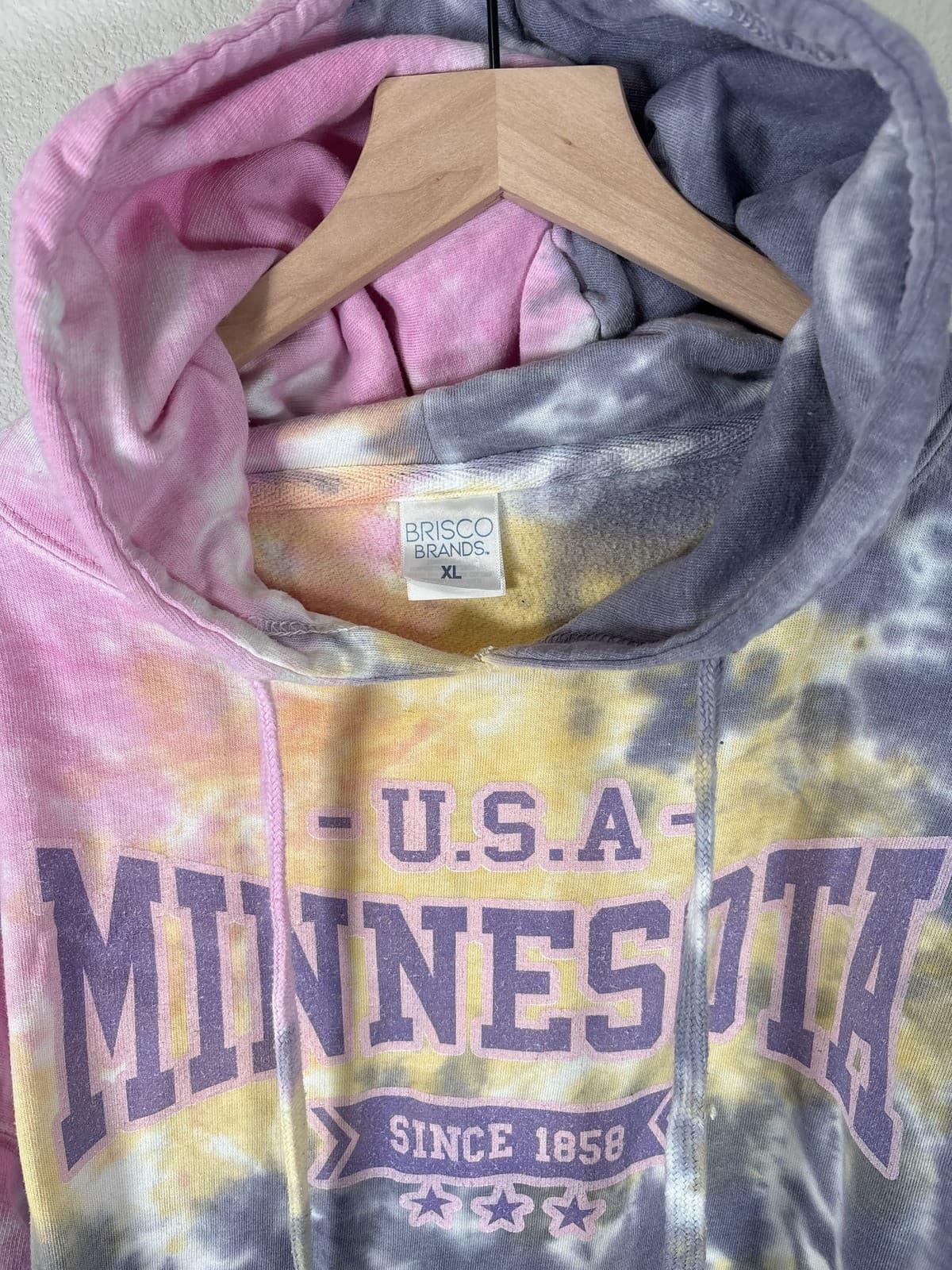 USA Minnesota Tie Dye Cropped Hoodie Sweatshirt Pink Yellow Gray XL Since 1858 - Thumbnail 2