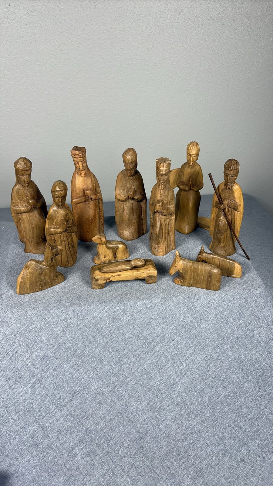 Vintage Hand Carved Olive Wood Nativity Set 11 Piece Holy Family Christmas