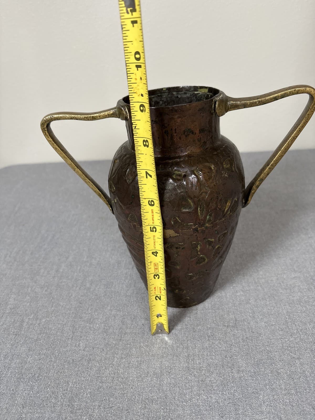 Vintage Hammered Copper Double Handle Vase Urn Patina 6.5" - Thumbnail 5