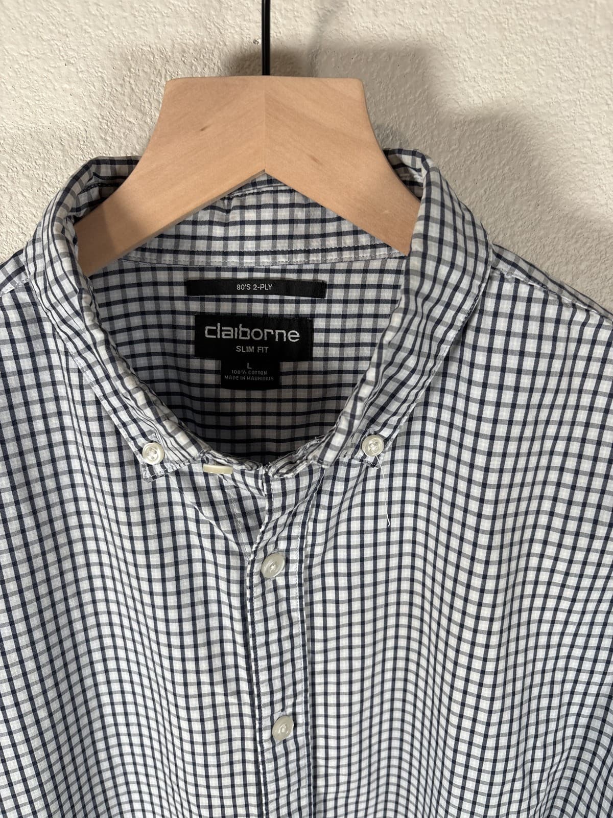 Claiborne Mens L Blue White Gingham Check Button Up Long Sleeve Shirt - Thumbnail 2