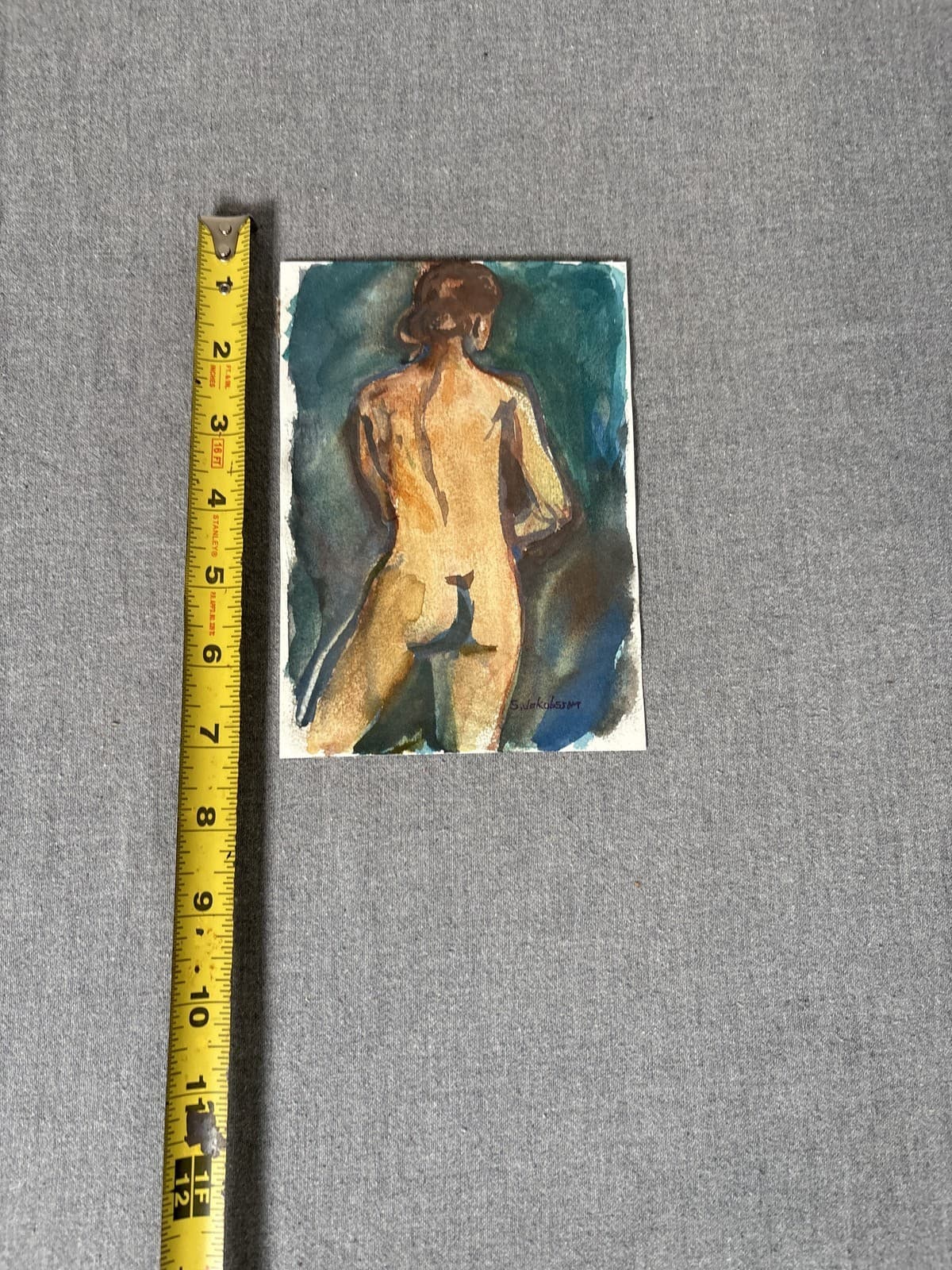 Signed S. Jakobsson Nude Woman Back Portrait Watercolor Painting Art - Thumbnail 3