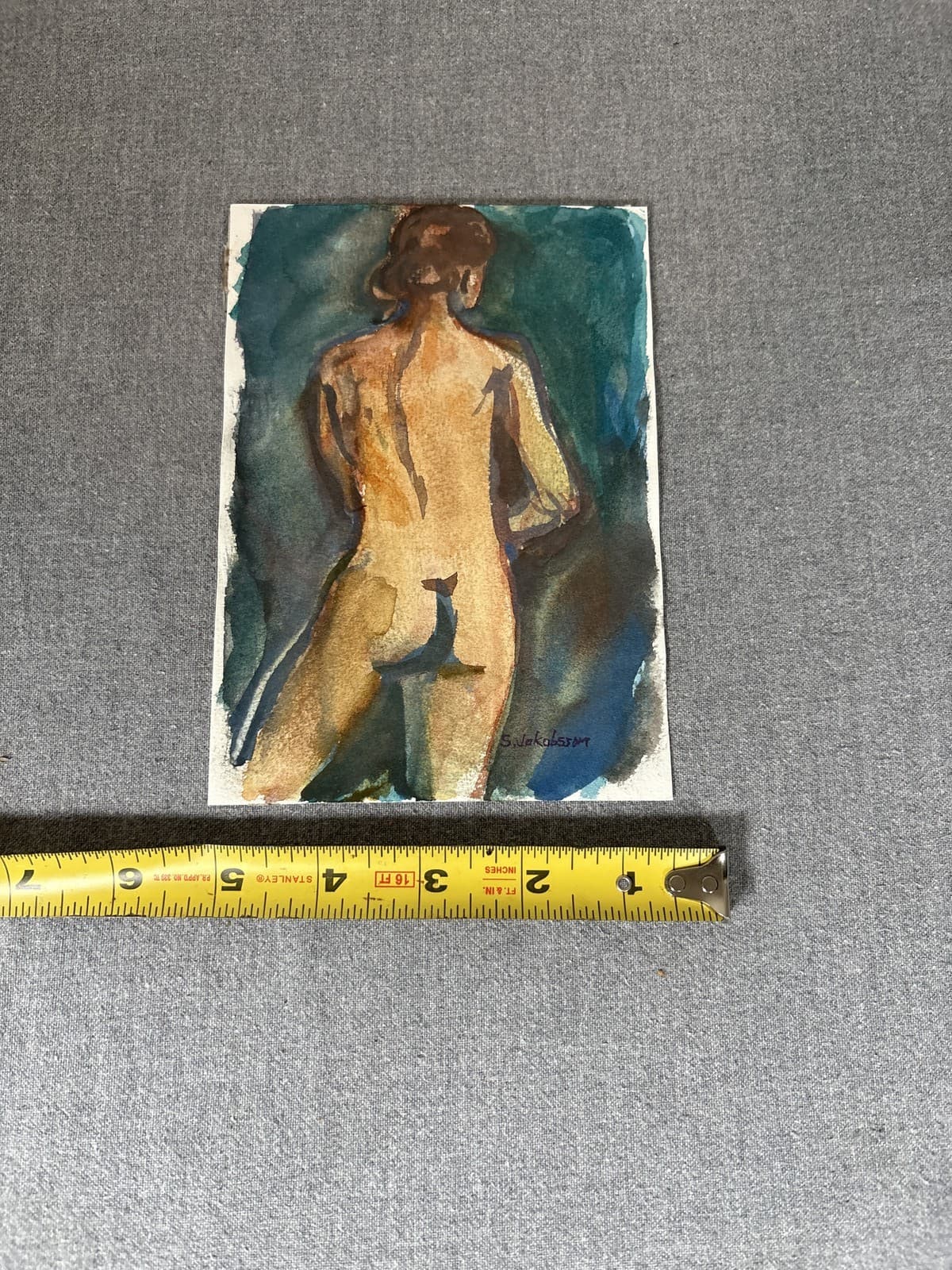Signed S. Jakobsson Nude Woman Back Portrait Watercolor Painting Art - Thumbnail 4