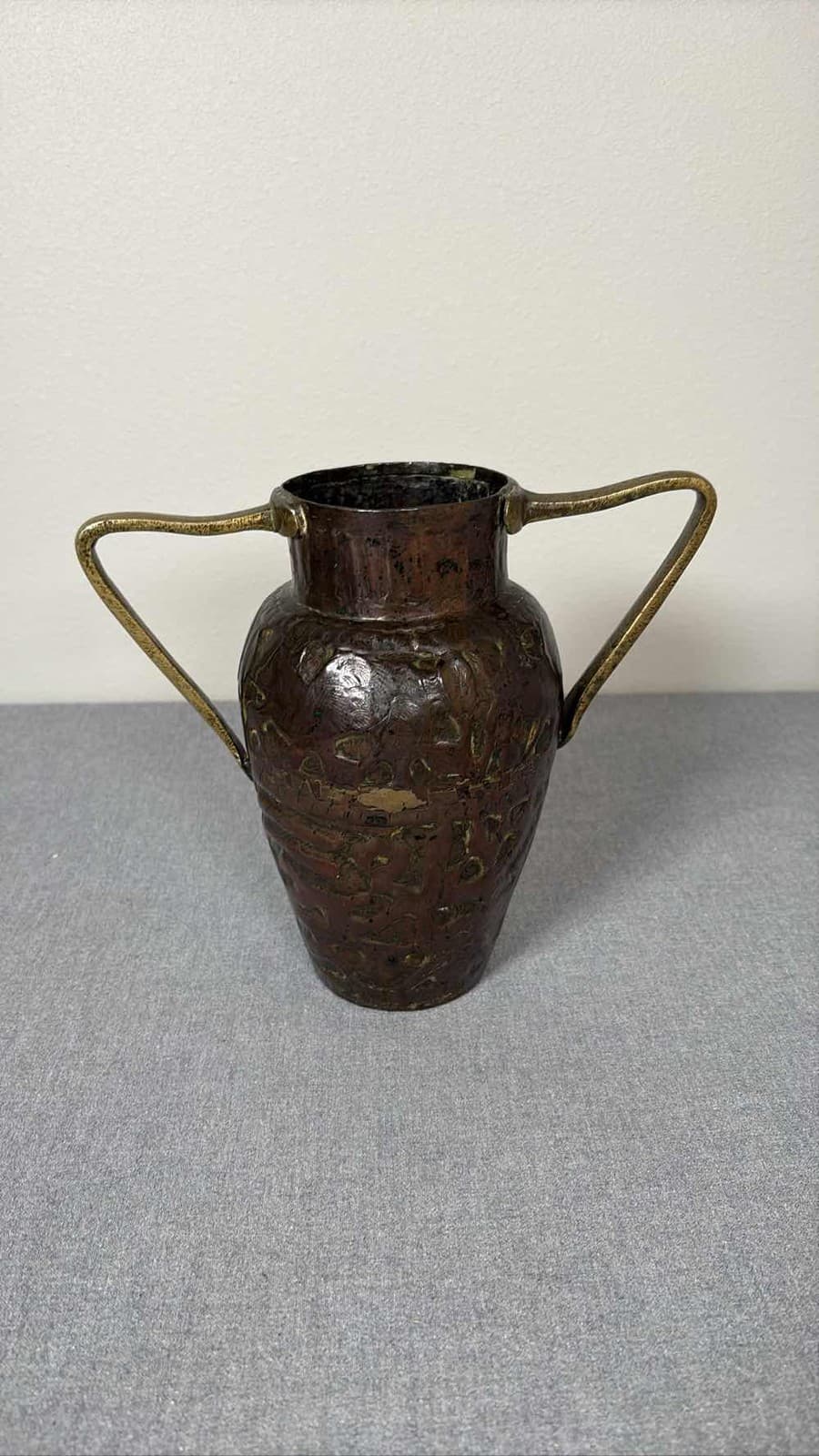 Vintage Hammered Copper Double Handle Vase Urn Patina 6.5"