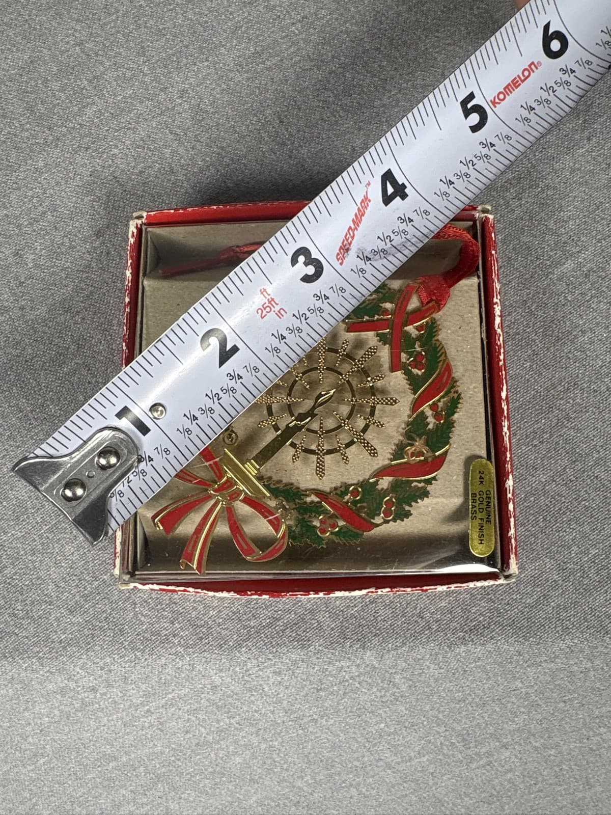 Vintage 24K Gold Finish Brass Christmas Wreath Candle Ornament Red Bow Box - Thumbnail 2