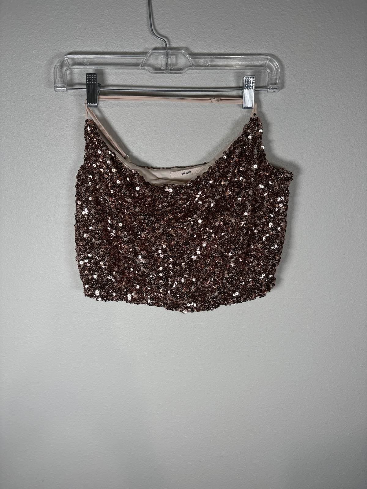 Mi Ami Women's S Rose Gold Sequin Crop Halter Top
