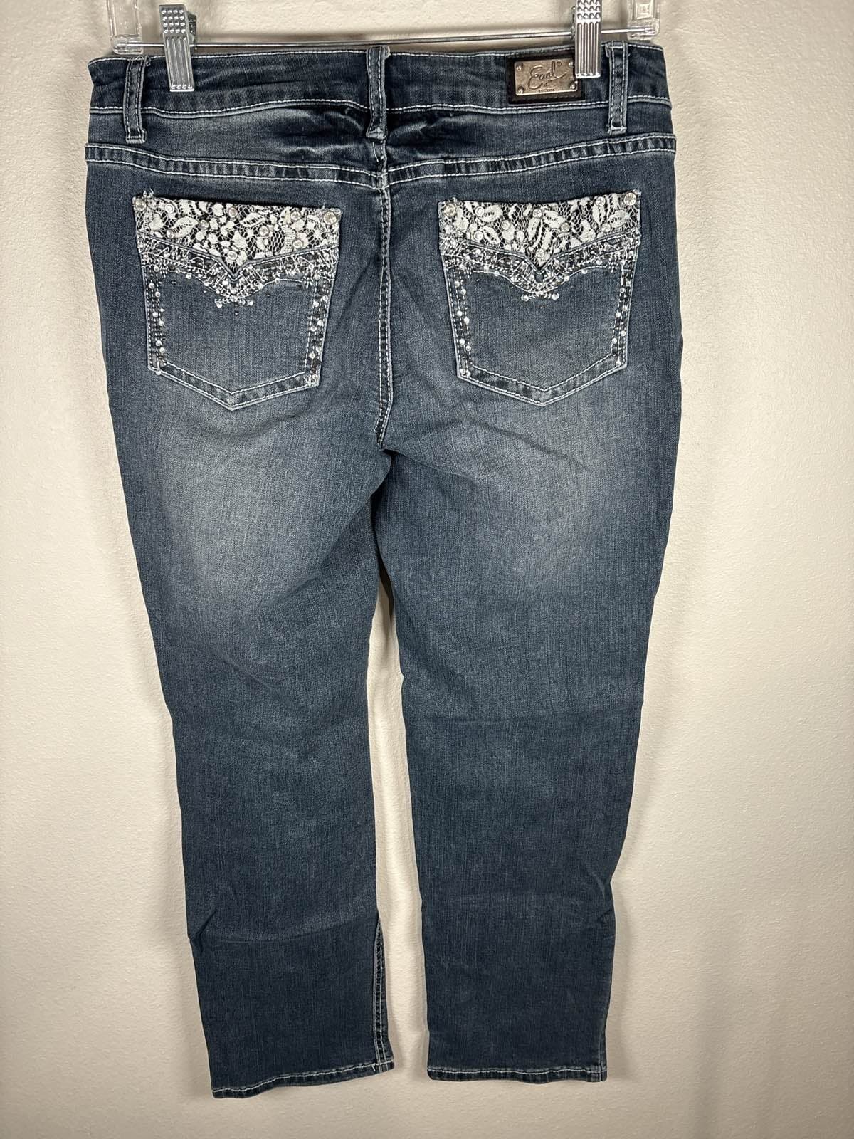 Earl Jean Women's 8P Straight Blue Denim Rhinestone Jeans - Thumbnail 6