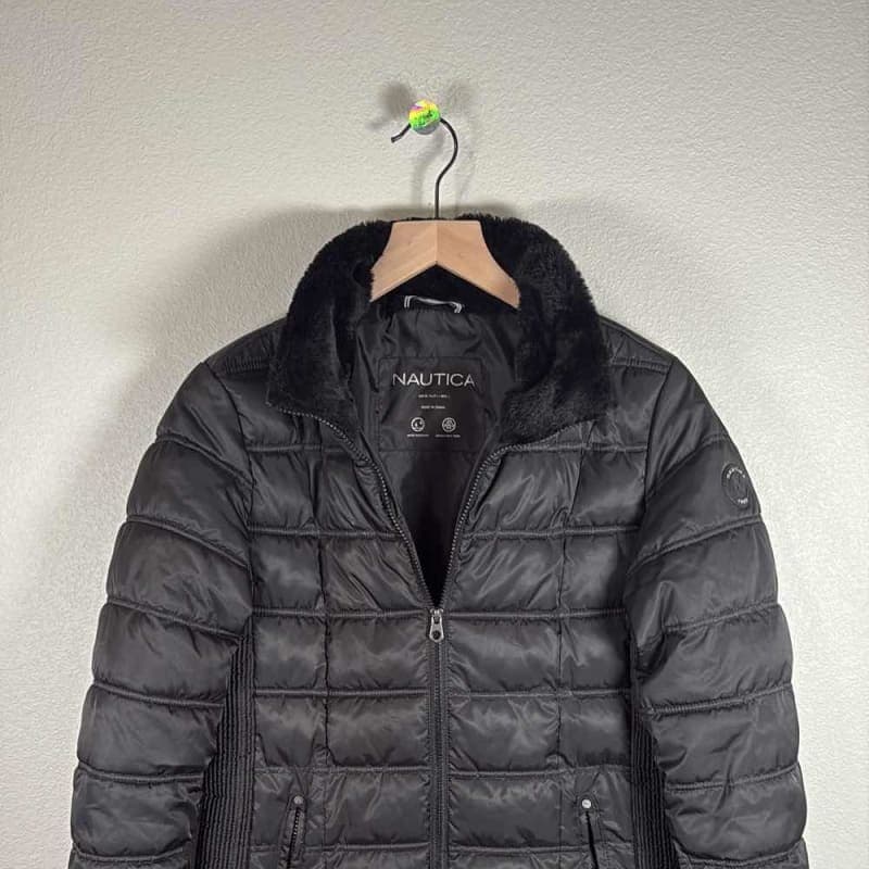 Nautica Womens Black Puffer Jacket Faux Fur Collar Full Zip M Winter Coat