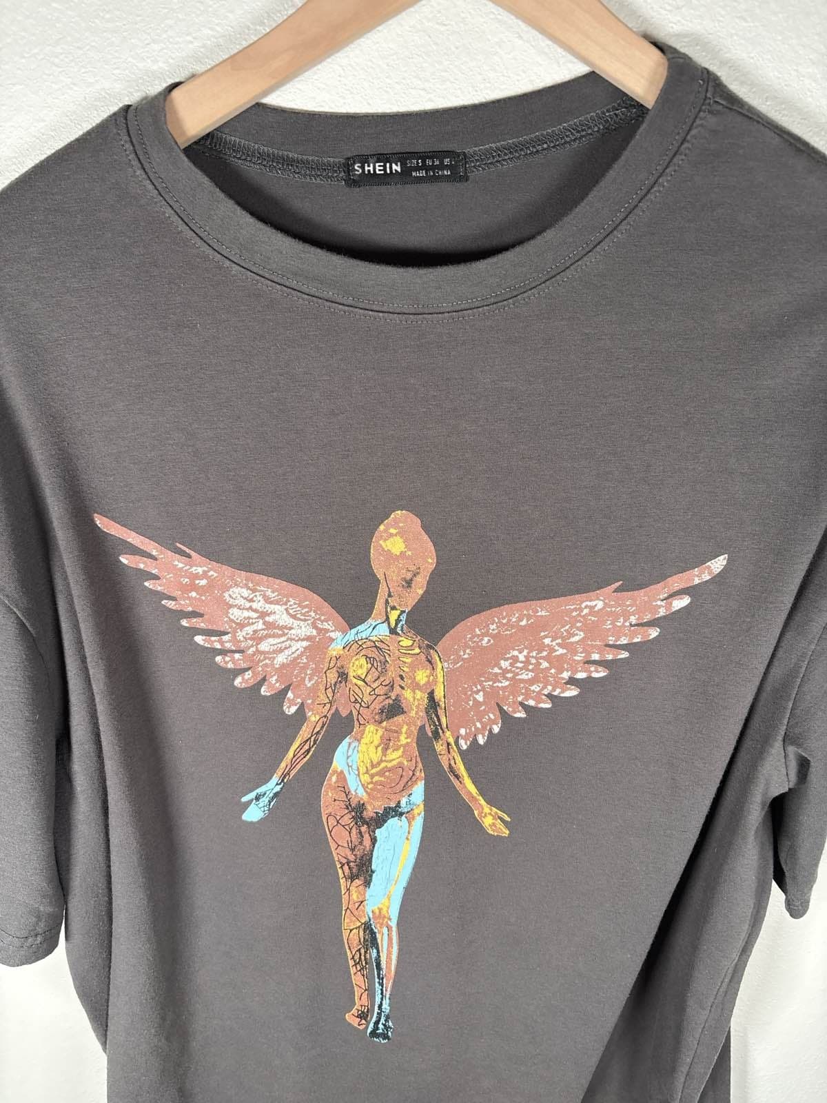 SHEIN Women's Gray Graphic Tee Angel Short Sleeve Size S - Thumbnail 2