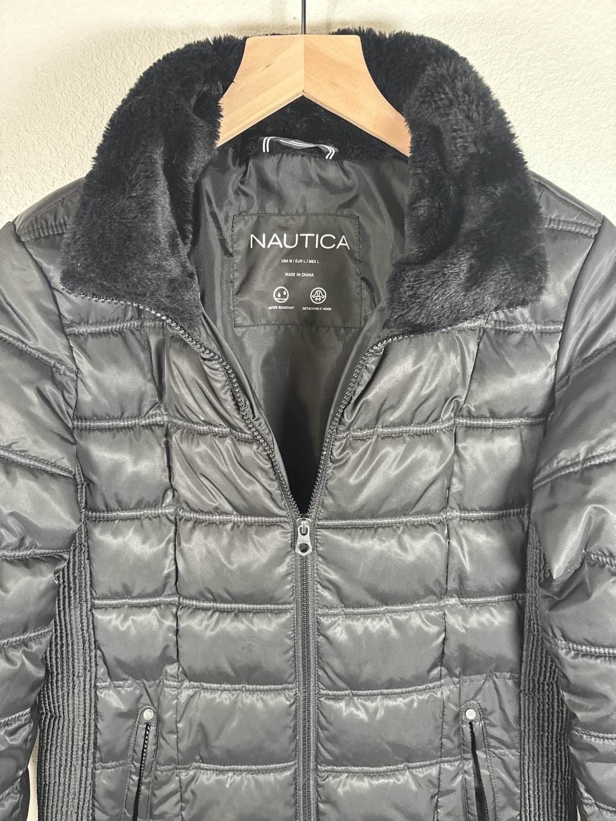 Nautica Womens Black Puffer Jacket Faux Fur Collar Full Zip M Winter Coat - Thumbnail 2