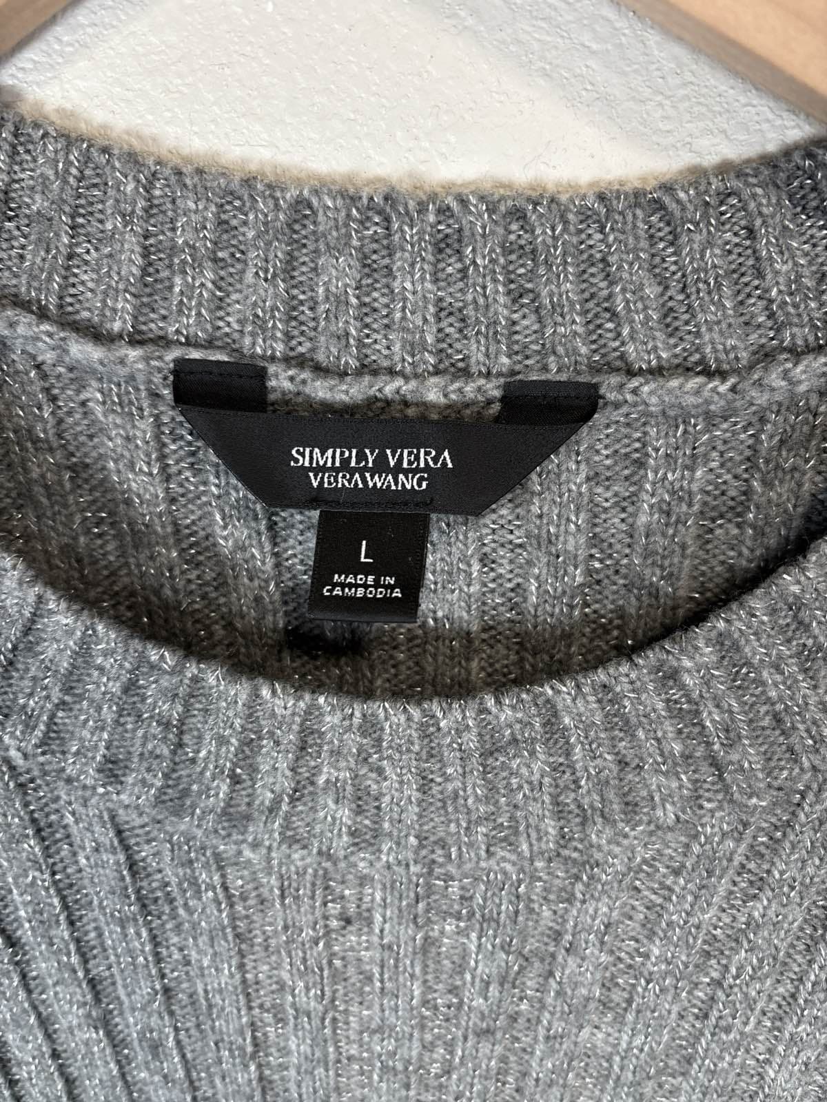 Simply Vera Wang Women's Gray Color Block Ribbed Pullover Sweater Size L - Thumbnail 2