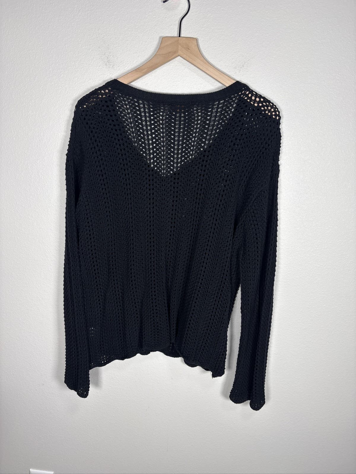 Becool Women's Black Open Knit V-Neck Long Sleeve Pullover Sweater - Thumbnail 4