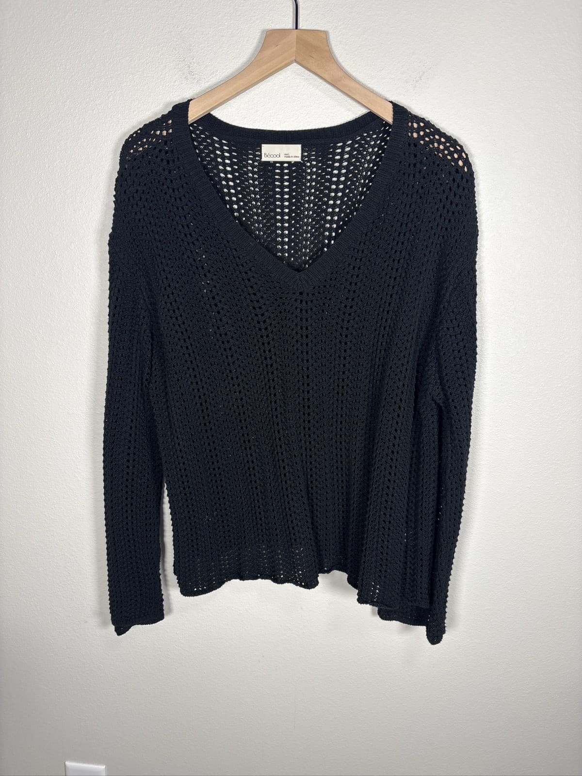 Becool Women's Black Open Knit V-Neck Long Sleeve Pullover Sweater