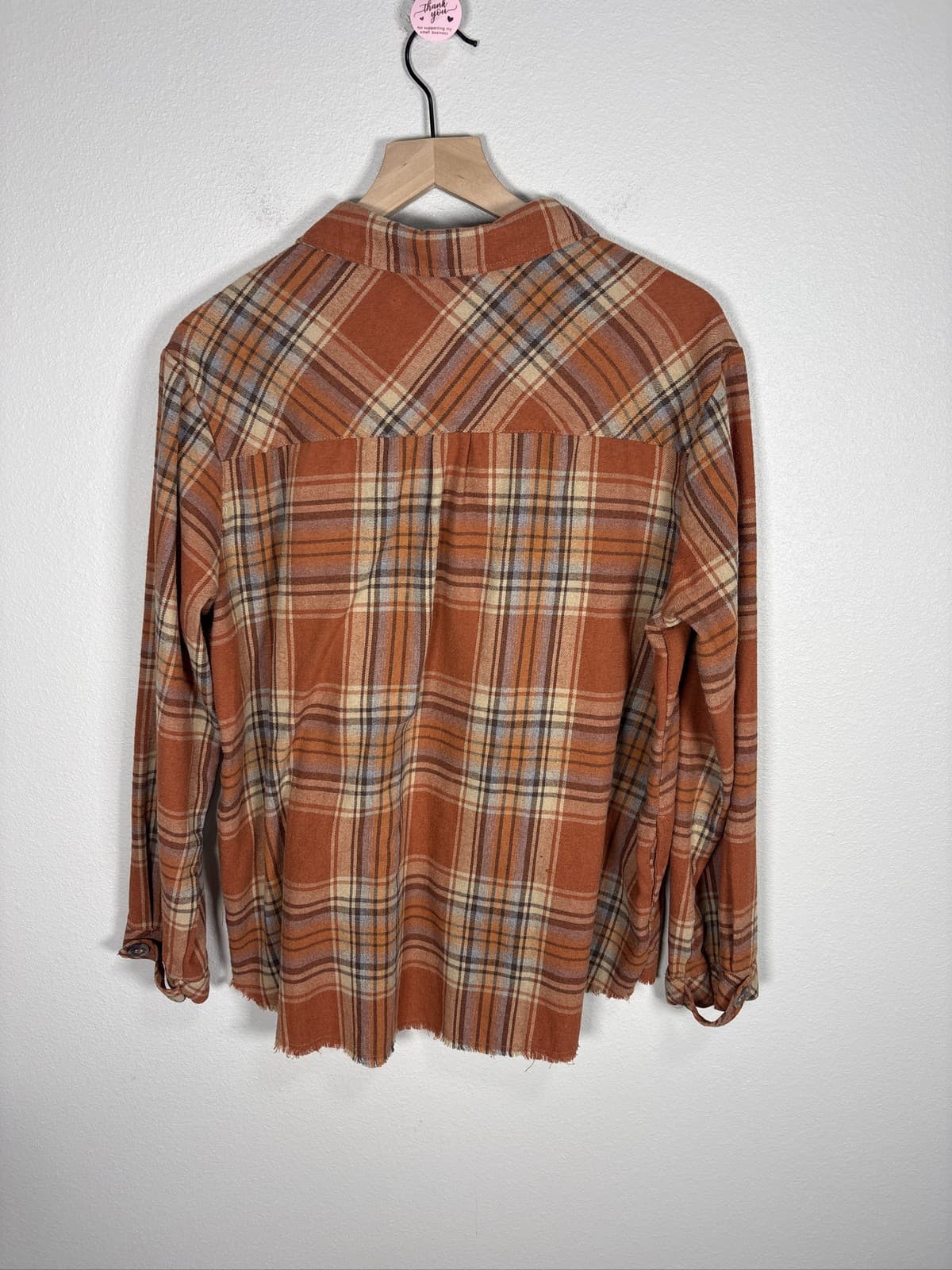 Democracy Women's Brown Plaid Flannel Shirt Long Sleeve Raw Hem Pockets - Thumbnail 4