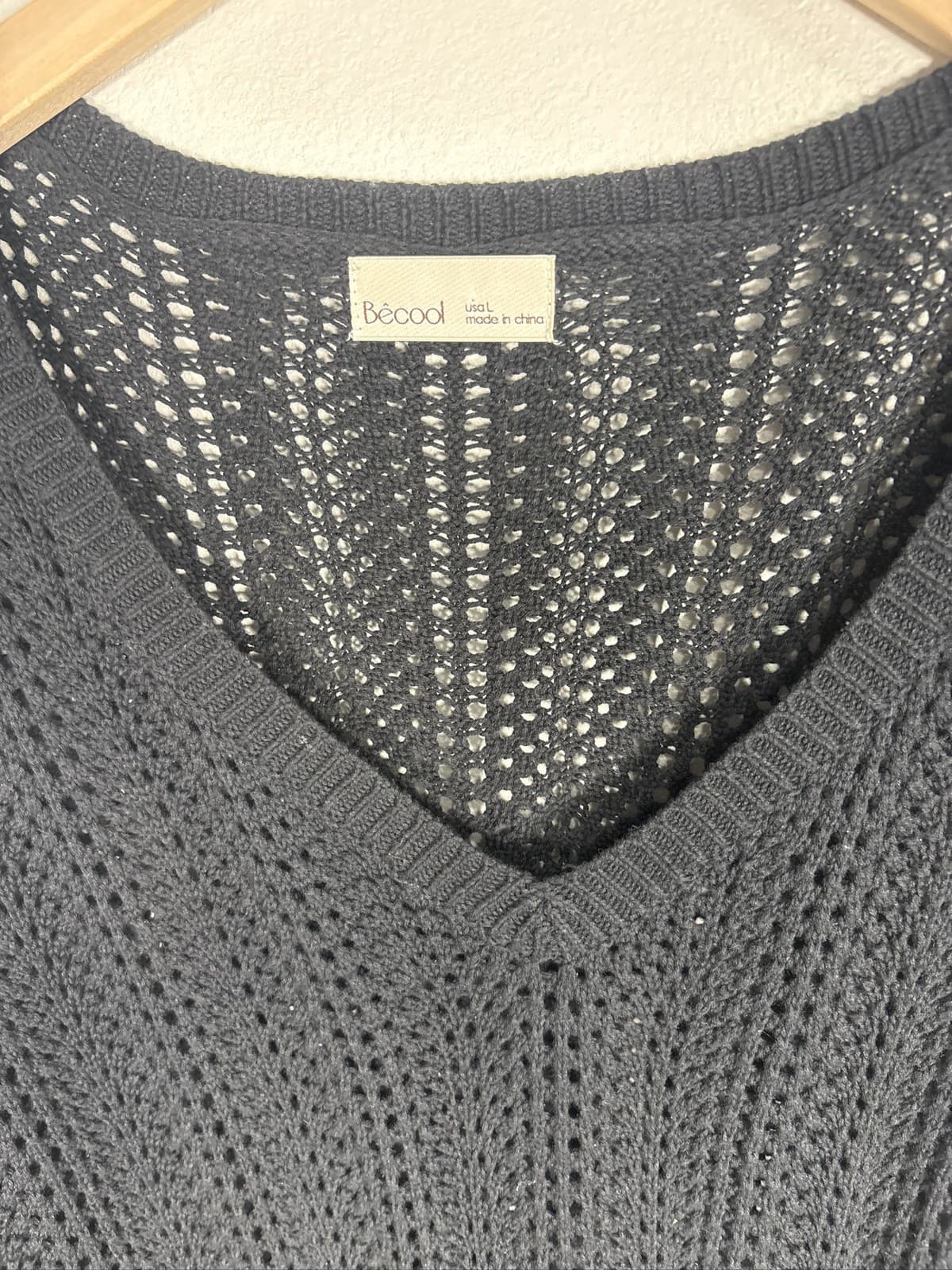 Becool Women's Black Open Knit V-Neck Long Sleeve Pullover Sweater - Thumbnail 2