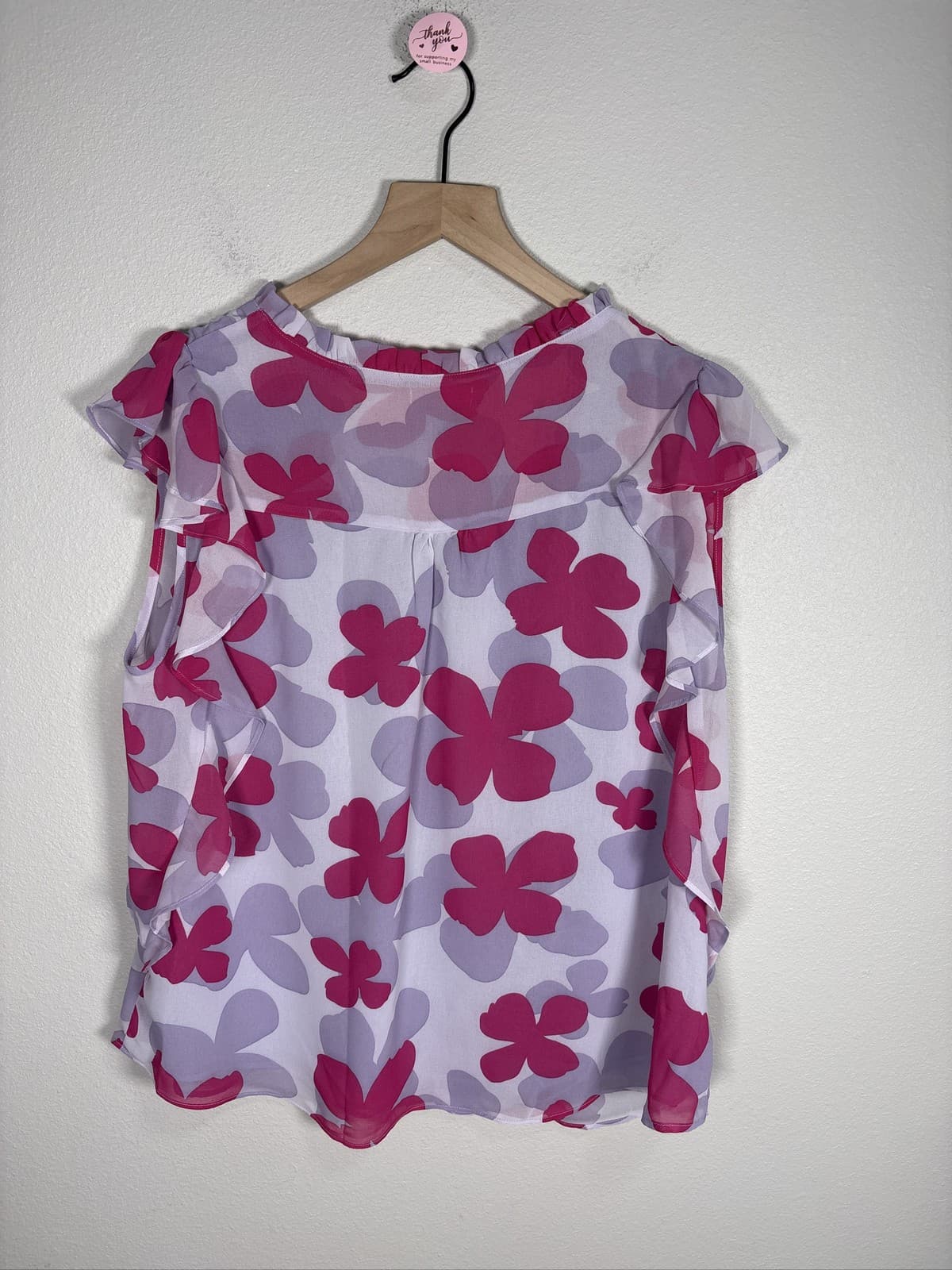 Kori America Women's Floral Sleeveless V-Neck Ruffle Blouse Pink Purple - Thumbnail 3