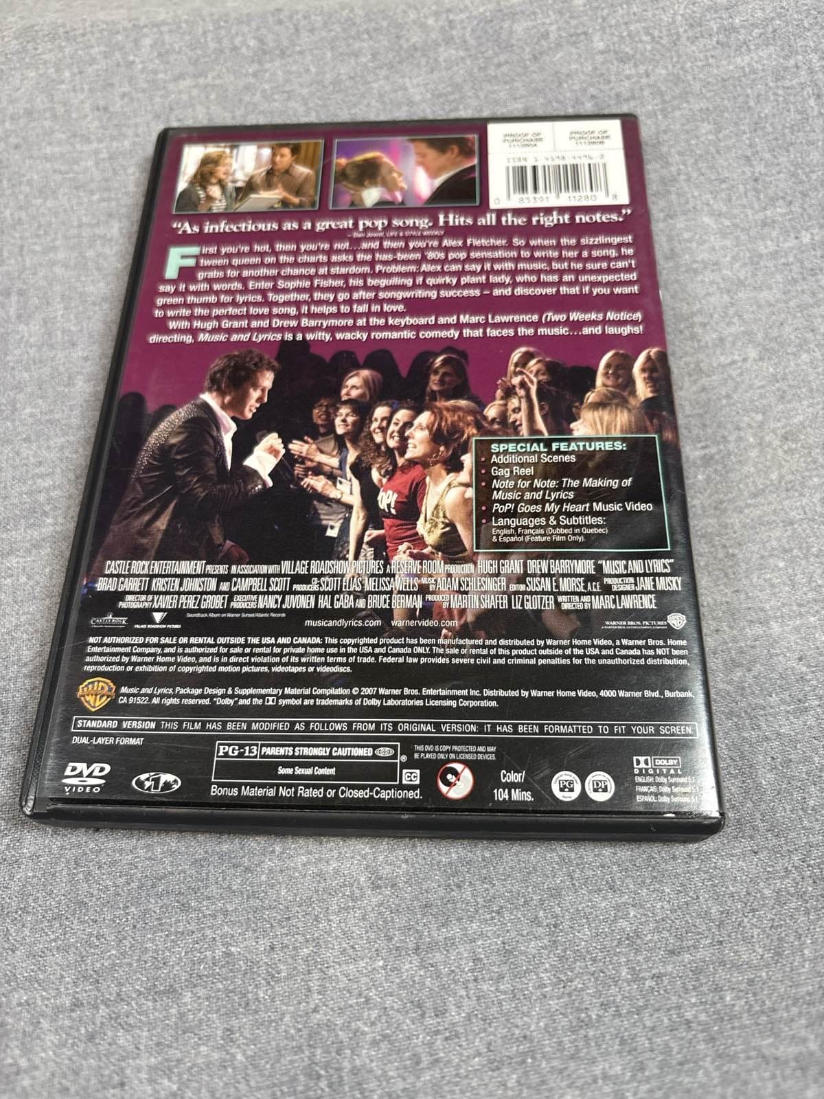 Music and Lyrics DVD 2007 Full Screen Hugh Grant Drew Barrymore Romance Comedy - Thumbnail 2