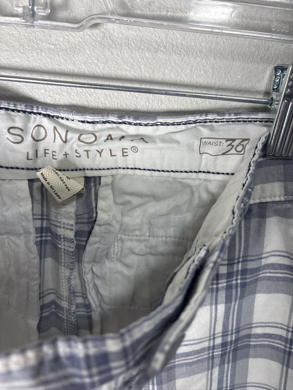 Sonoma Life Style Mens Shorts Size 36 Gray White Plaid Flat Front Chino - Thumbnail 3