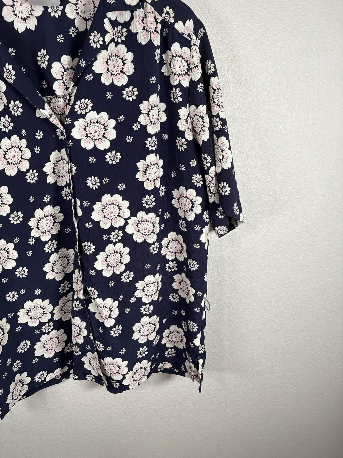 Tan Jay Navy Blue Floral Button Up Short Sleeve Collared Blouse Top 16 - Thumbnail 3