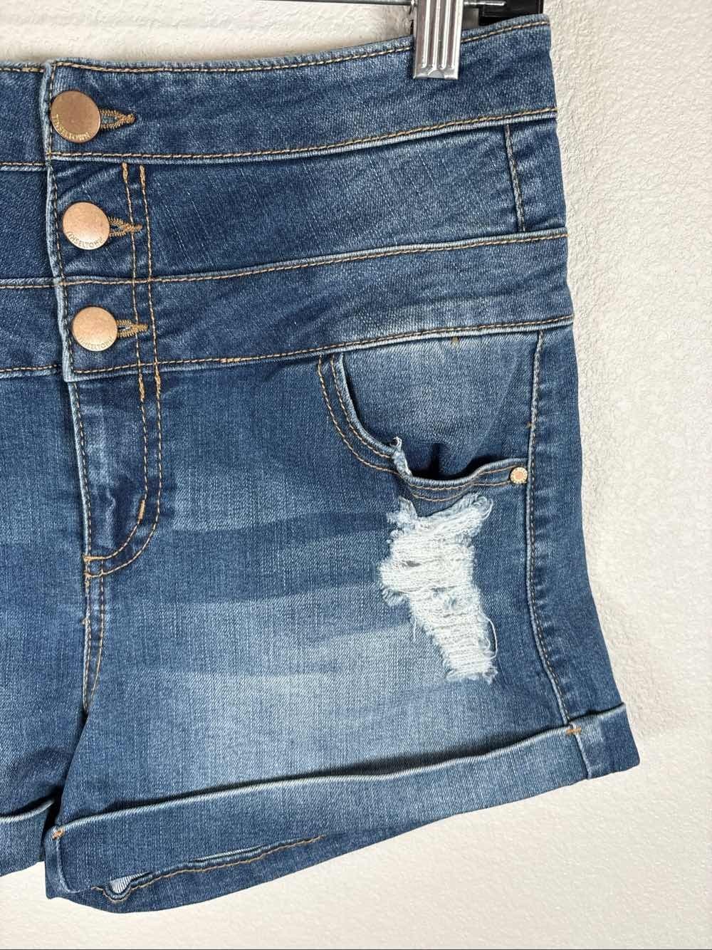 Tinseltown Women's Blue High Rise Distressed Button Fly Denim Jean Shorts 3 - Thumbnail 3